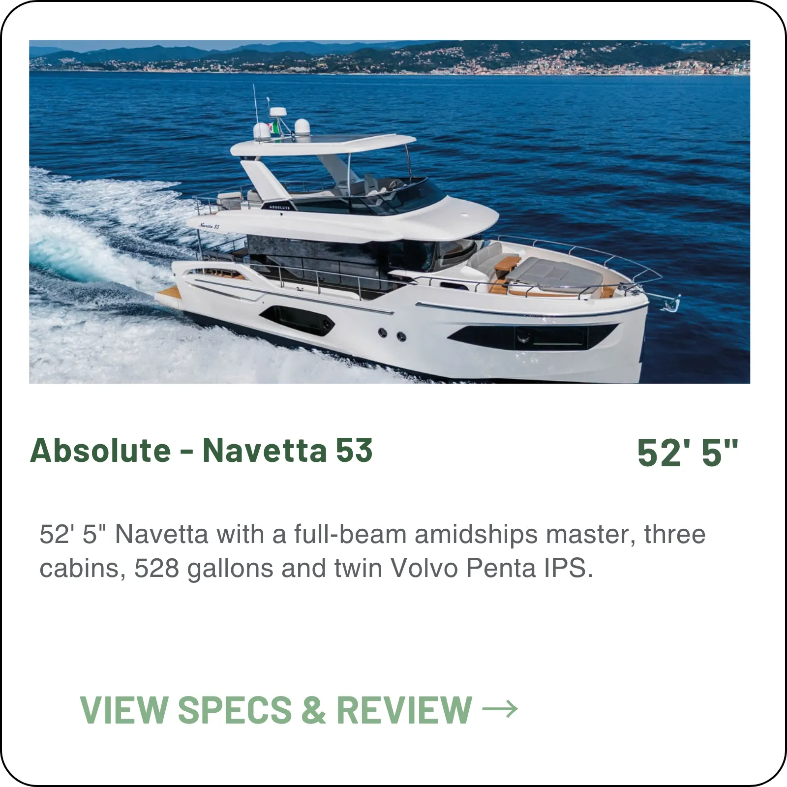 52' 5" Navetta with a full-beam amidships master, three cabins, 528 gallons and twin Volvo Penta IPS.