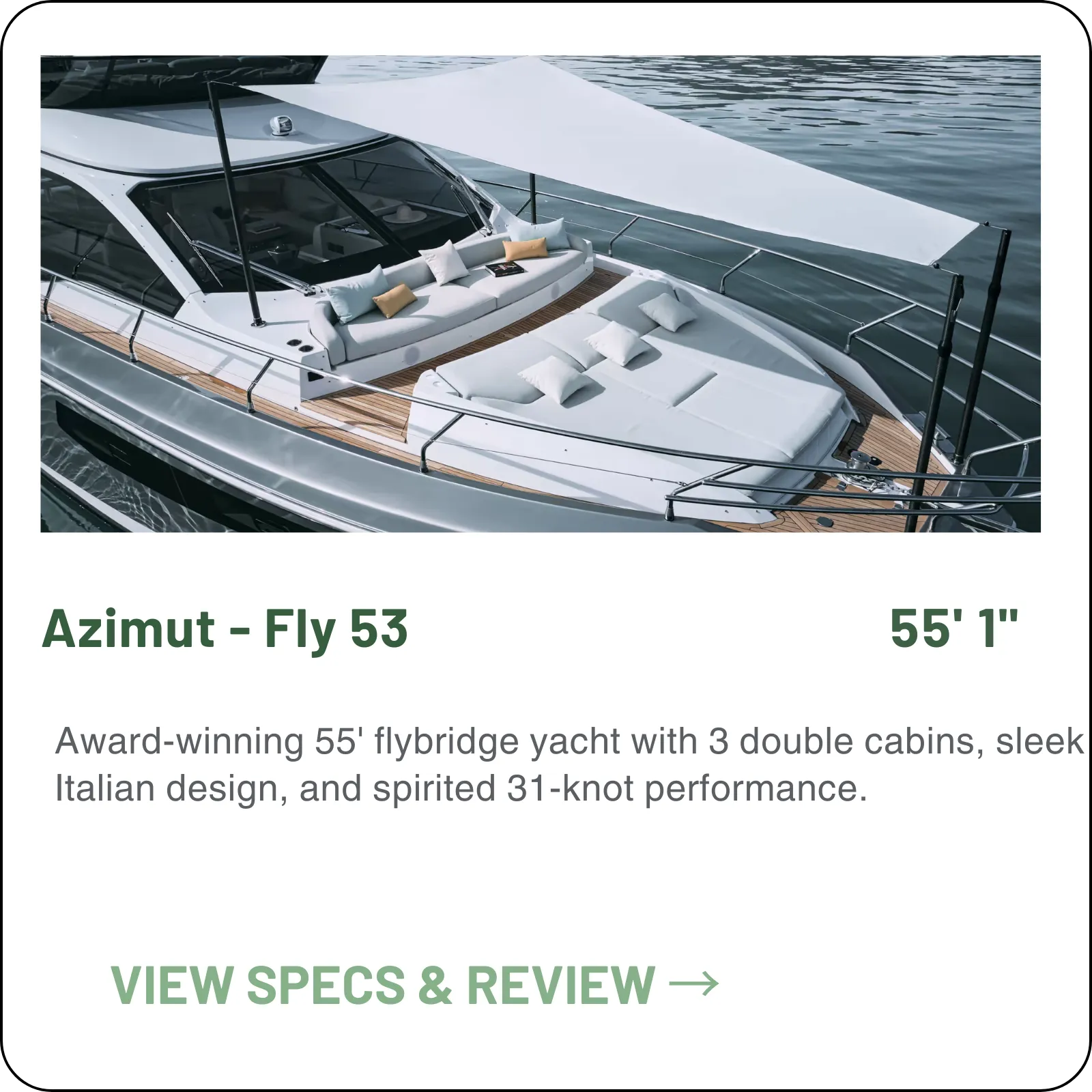 Azimut 53 Fly — 53ft Italian flybridge motor yacht. Three cabins, open flybridge, Volvo Penta IPS pod drives, planing hull with carbon fiber construction. Azimut|Benetti Group. Expert reviews and buyer advisory from Minted Yachts, Fort Lauderdale.