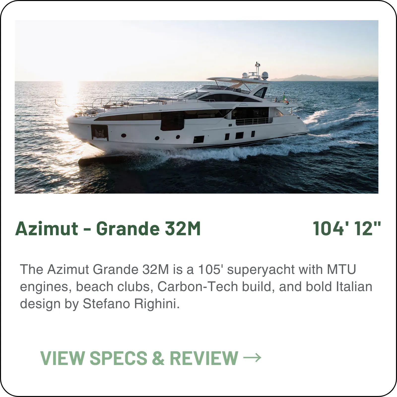 Azimut Grande 32M — 105ft wide-body superyacht. Five cabins, full-beam owner's suite, 70sqm flybridge, D2P hull with carbon fiber, side garage for tender and jet ski. Stefano Righini design. Azimut|Benetti Group. Advisory from Minted Yachts.