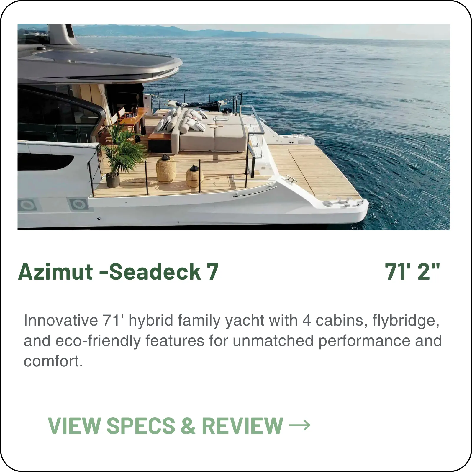 Azimut Seadeck 7 — 71ft eco-conscious flybridge with Fun Island cockpit and Volvo Penta hybrid IPS option. Four cabins, carbon fiber construction, 40% lower emissions. RINA Green Plus certified. Expert advisory from Minted Yachts, Fort Lauderdale.