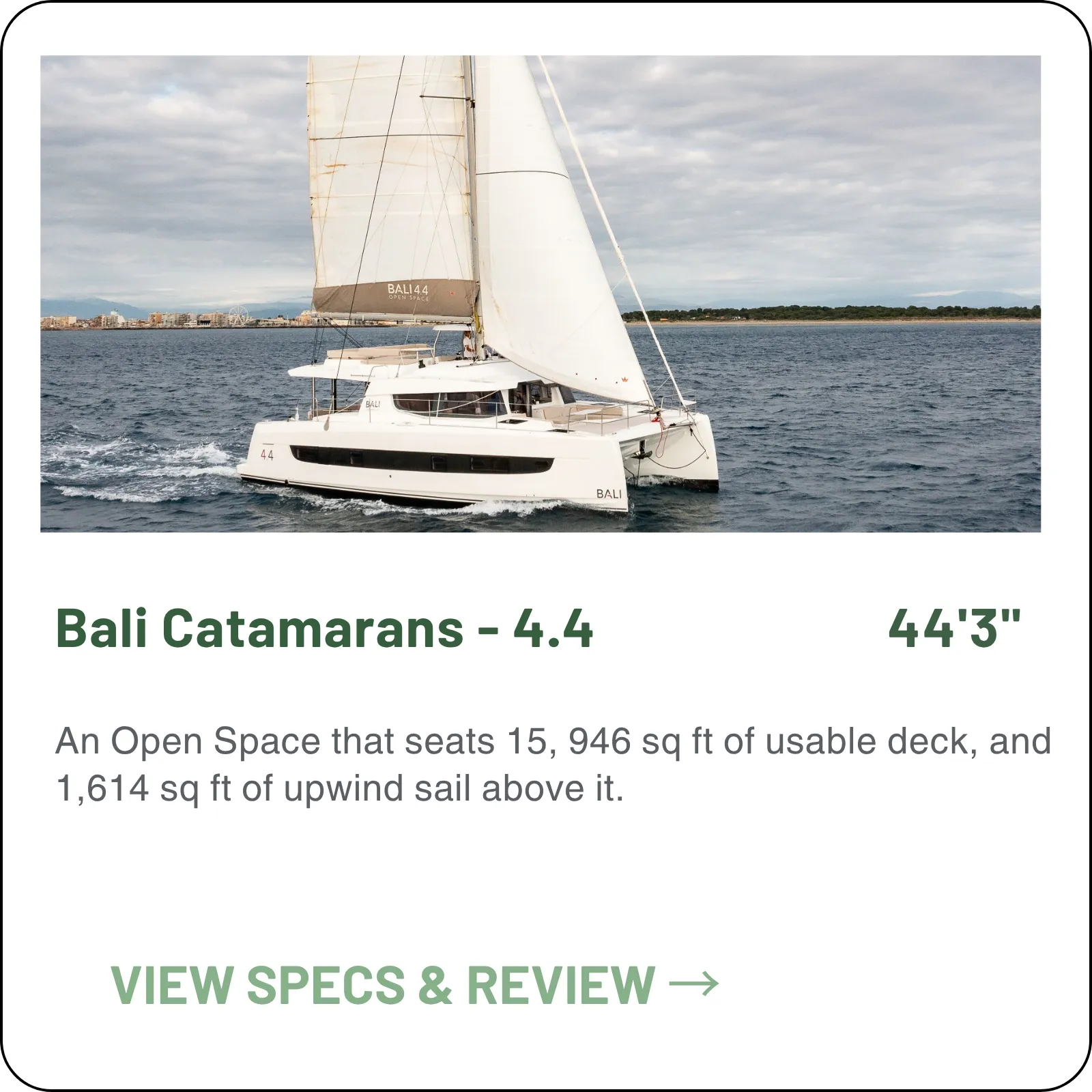 An Open Space that seats 15, 946 sq ft of usable deck, and 1,614 sq ft of upwind sail above it.