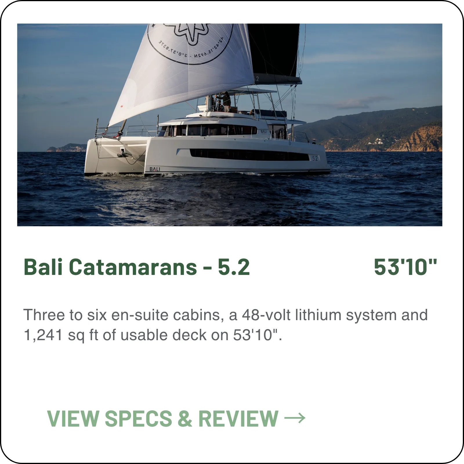 Three to six en-suite cabins, a 48-volt lithium system and 1,241 sq ft of usable deck on 53'10".