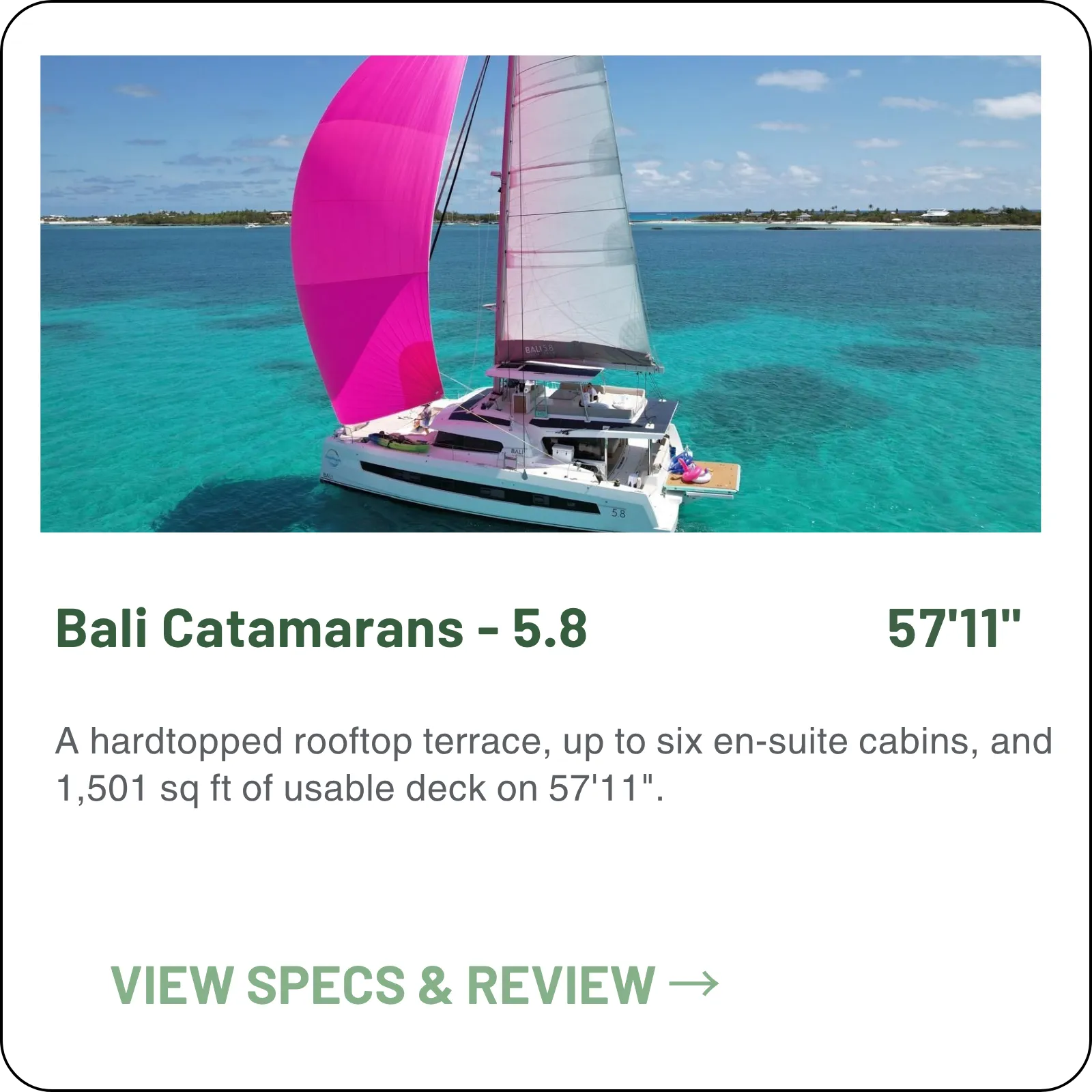 A hardtopped rooftop terrace, up to six en-suite cabins, and 1,501 sq ft of usable deck on 57'11".