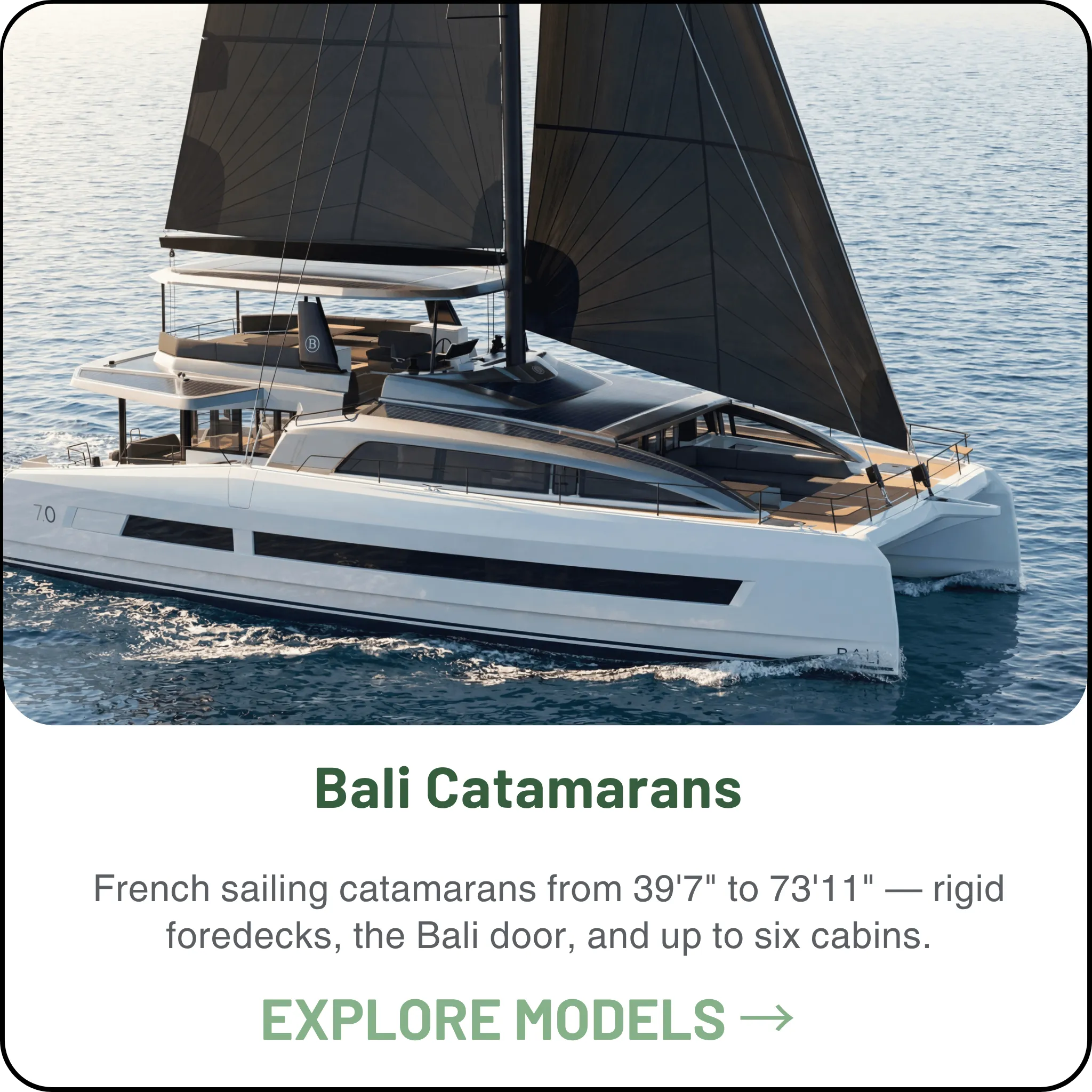 Bali Catamarans — French sailing catamarans from 40 to 74 feet — rigid foredecks, the Bali door, and up to six cabins.
