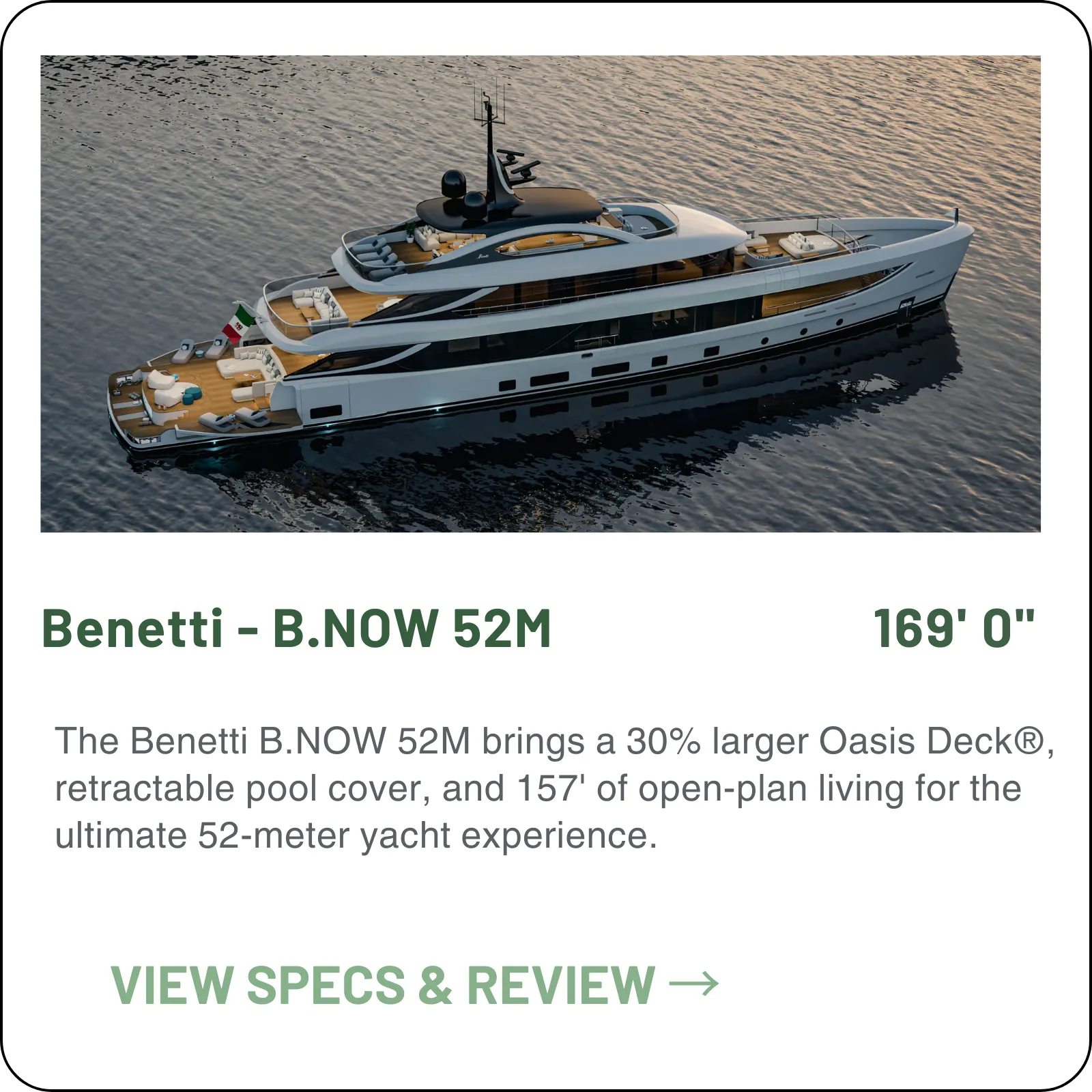 The B.NOW 52M puts a full Oasis Deck on a 169-foot hull that stays under 500 GT — six guest cabins for twelve, ten crew, and 4,500 nautical miles of range at 10 knots.