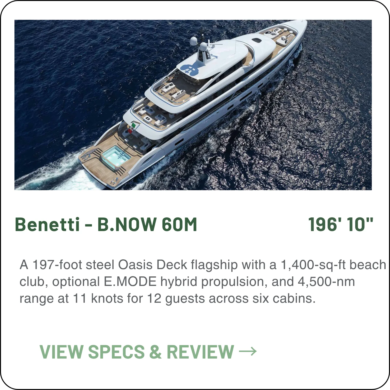 The B.NOW 60M carries a 1,400 sq ft Oasis Deck on a 196'10" steel hull — six guest cabins for twelve, thirteen crew, and 4,500 nautical miles of range at 11 knots.