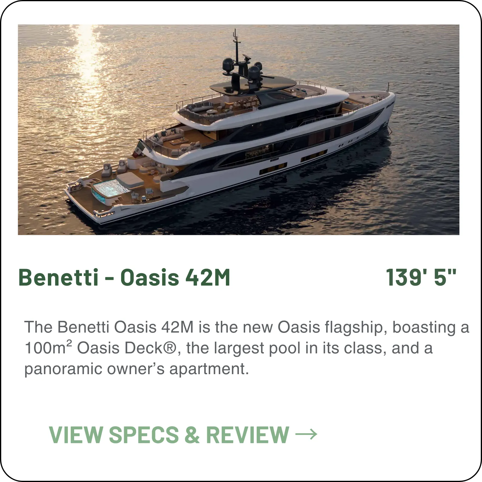 The Oasis 42M turns 139 feet into a floating beach club — a 6'9" draft, 295-ton GRP hull, five guest cabins for ten, and 4,000 nautical miles of range at 10 knots.