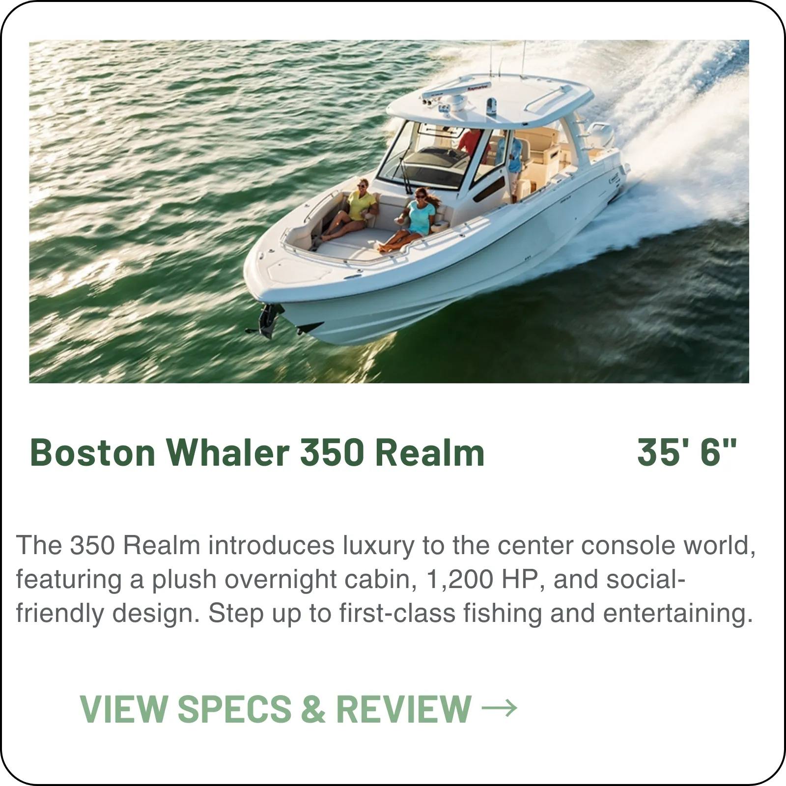 A 35'6" express cruiser that still fishes — 10'10" beam, 24.5 inches of draft, 385 gallons of fuel, and triple Verados rated to 1,275 HP, with a cabin and enclosed head under the windshield.