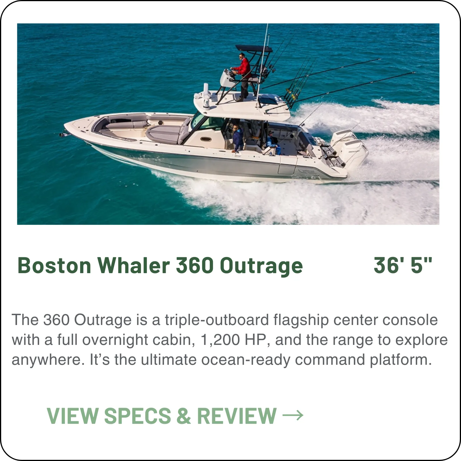 A 36'5" center console with a genuine cabin under the console — 12,000 BTU of air conditioning, an enclosed head with a shower, 415 gallons of fuel, and triples rated to 1,350 horsepower.