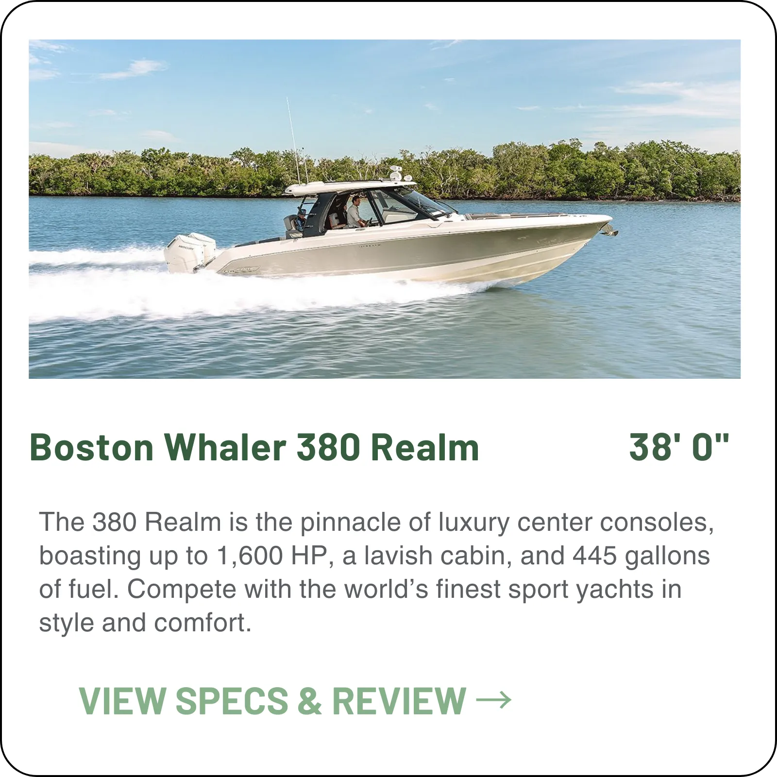 Thirty-eight feet of enclosed-helm cruising on the Outrage hull — 445 gallons of fuel, quads rated to 1,700 HP, a full cabin with galley and head, and sixteen aboard.