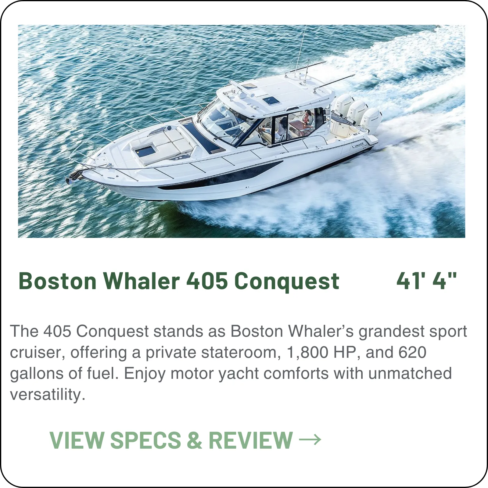 A 41'4" cabin cruiser with a private master stateroom, a mid-berth for three, 620 gallons of fuel and a diesel generator — and up to 1,800 HP taking it to 61.5 mph.