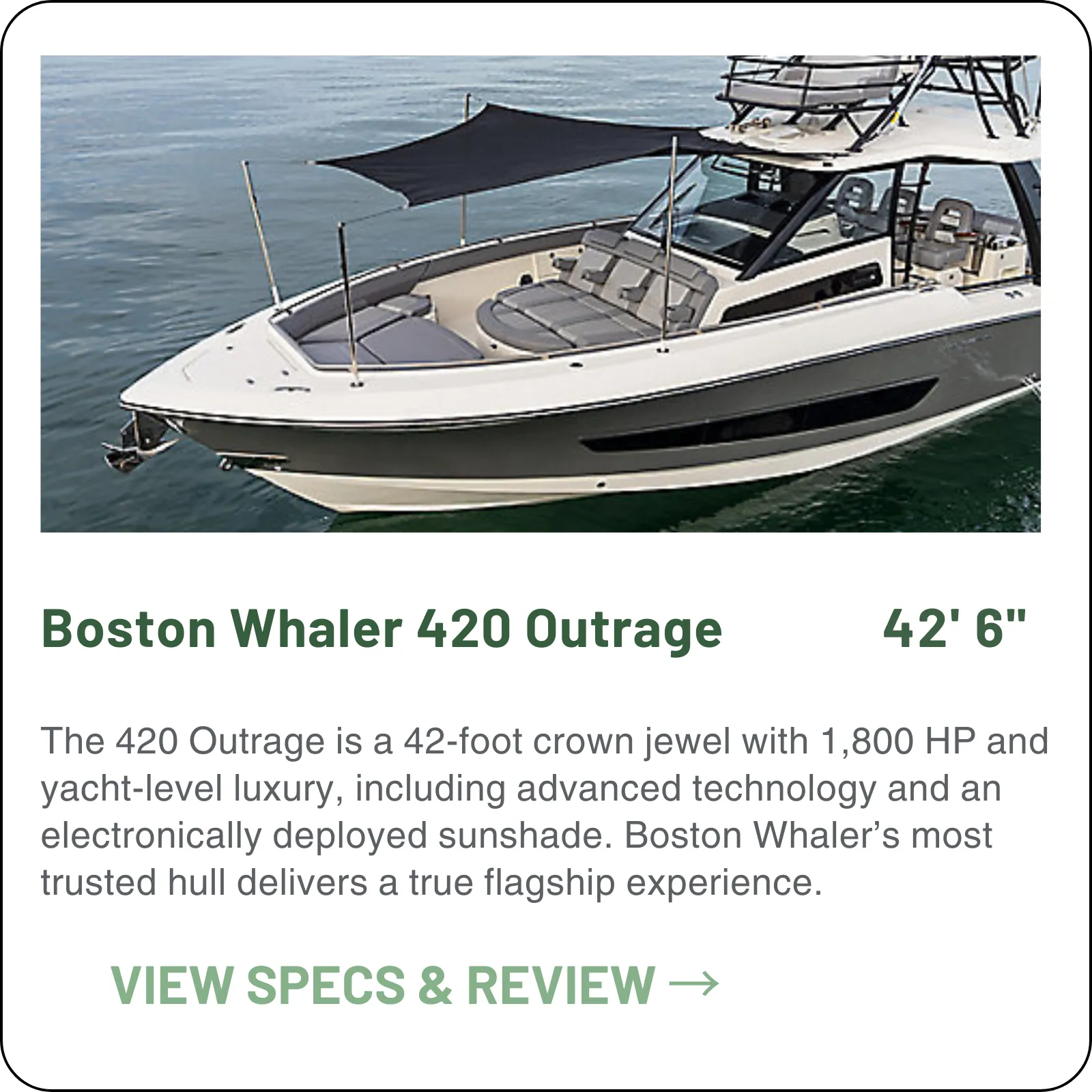 Boston Whaler's flagship center console — 42'6" on a 13-foot beam, 700 gallons of fuel, quad Verados rated to 1,800 HP, and room for twenty without anyone standing in the cockpit.