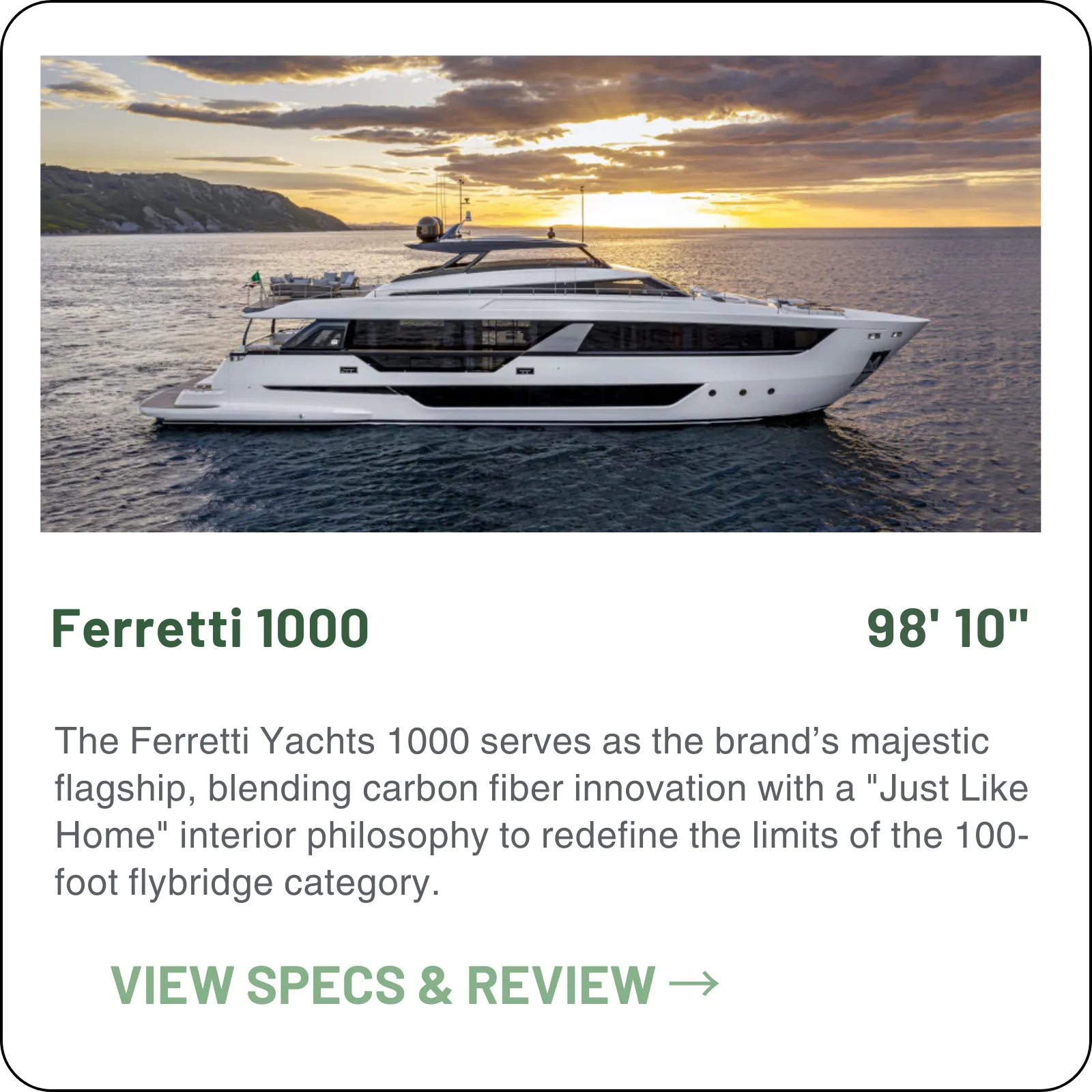 The 1000 is the Ferretti flagship flybridge — 98'10" with five guest cabins, three crew, and 28 knots from the optional MTU 16V 2000 M96Ls.