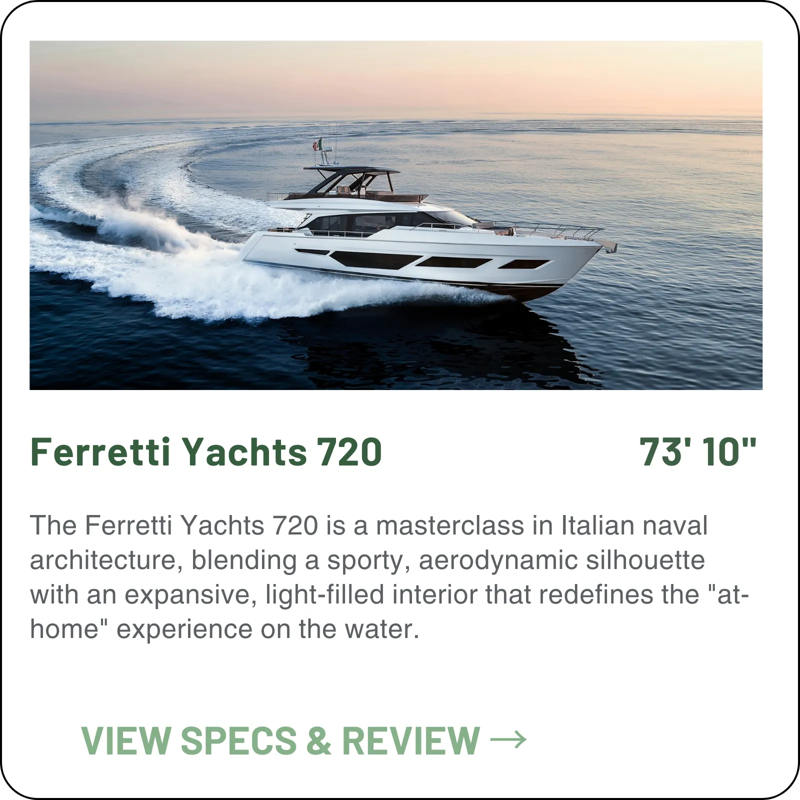 The 720 is the newest mid-size Ferretti flybridge — four guest cabins in 74 feet, two interior moods, and 32 knots with the optional MAN V12 1400s.