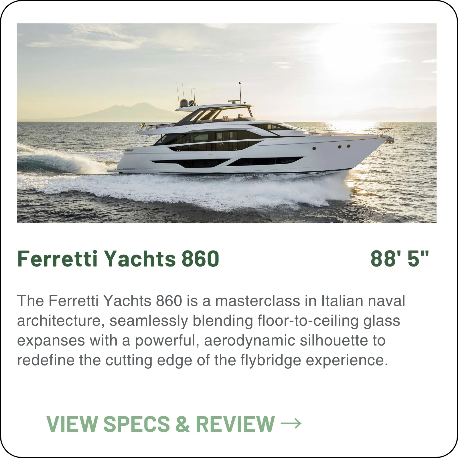 At 88'5" the 860 is where a Ferretti flybridge starts feeling like a private estate — four guest cabins, two crew, and 31.5 knots on the MAN V12 2000s.
