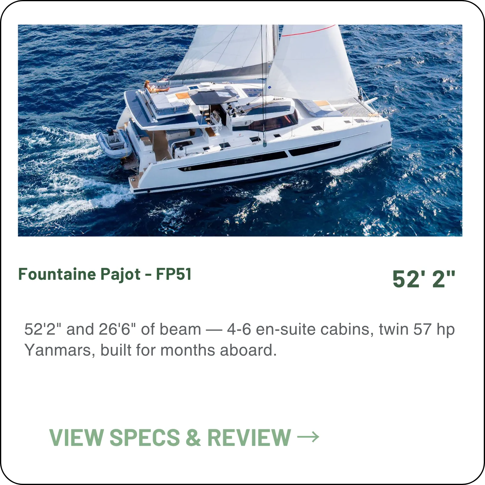 52'2" and 26'6" of beam — 4-6 en-suite cabins, twin 57 hp Yanmars, built for months aboard.