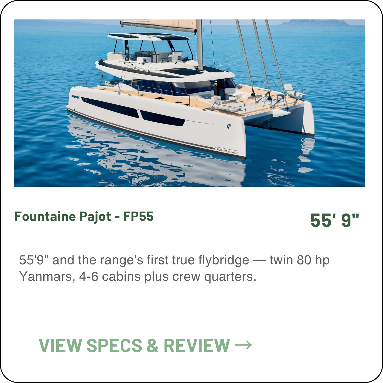 55'9" and the range's first true flybridge — twin 80 hp Yanmars, 4-6 cabins plus crew quarters.