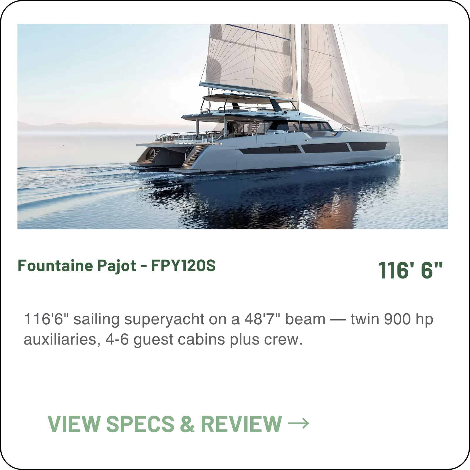 116'6" sailing superyacht on a 48'7" beam — twin 900 hp auxiliaries, 4-6 guest cabins plus crew.