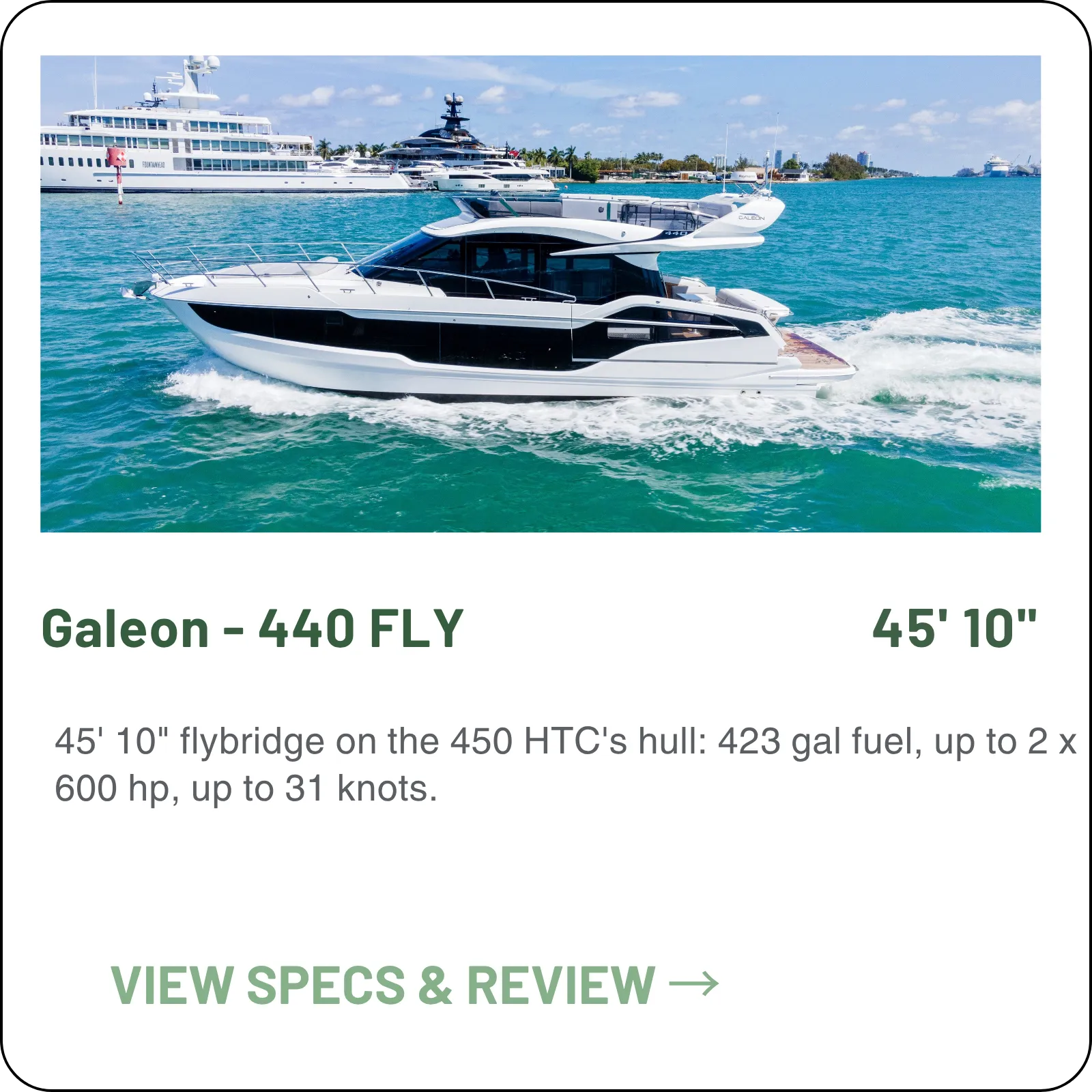 45' 10" flybridge on the 450 HTC's hull: 423 gal fuel, up to 2 x 600 hp, up to 31 knots.