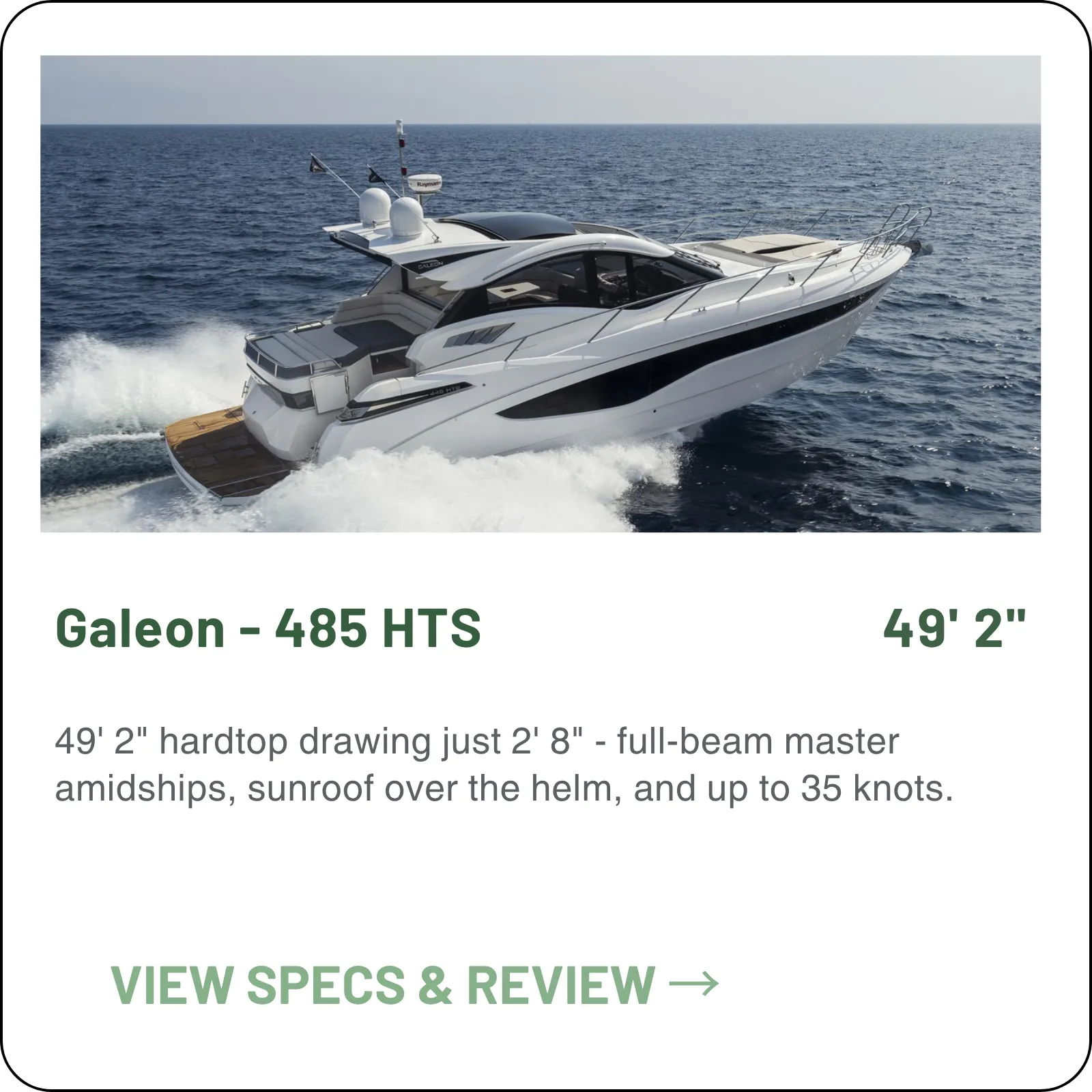 49' 2" hardtop drawing just 2' 8" - full-beam master amidships, sunroof over the helm, and up to 35 knots.
