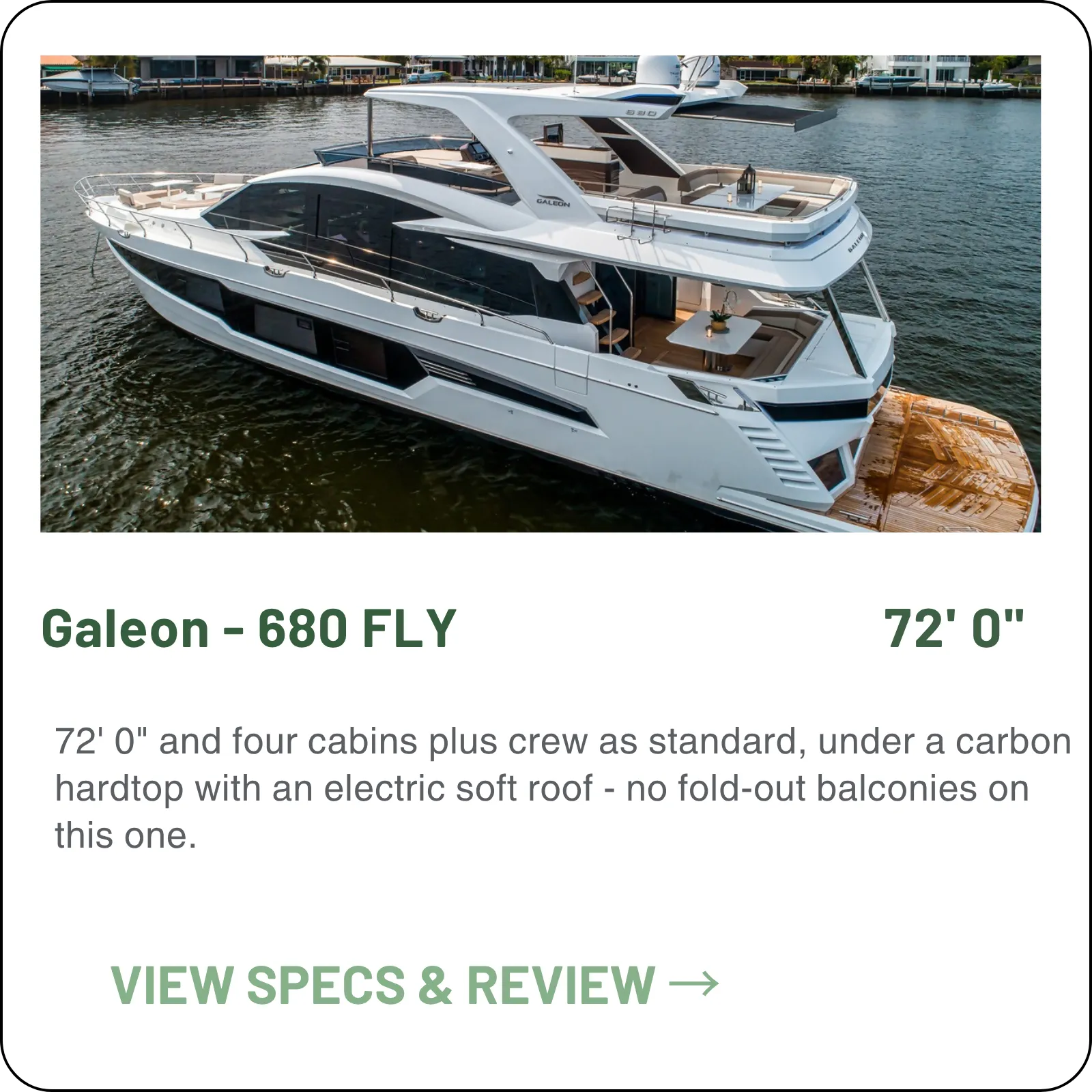 72' 0" and four cabins plus crew as standard, under a carbon hardtop with an electric soft roof - no fold-out balconies on this one.