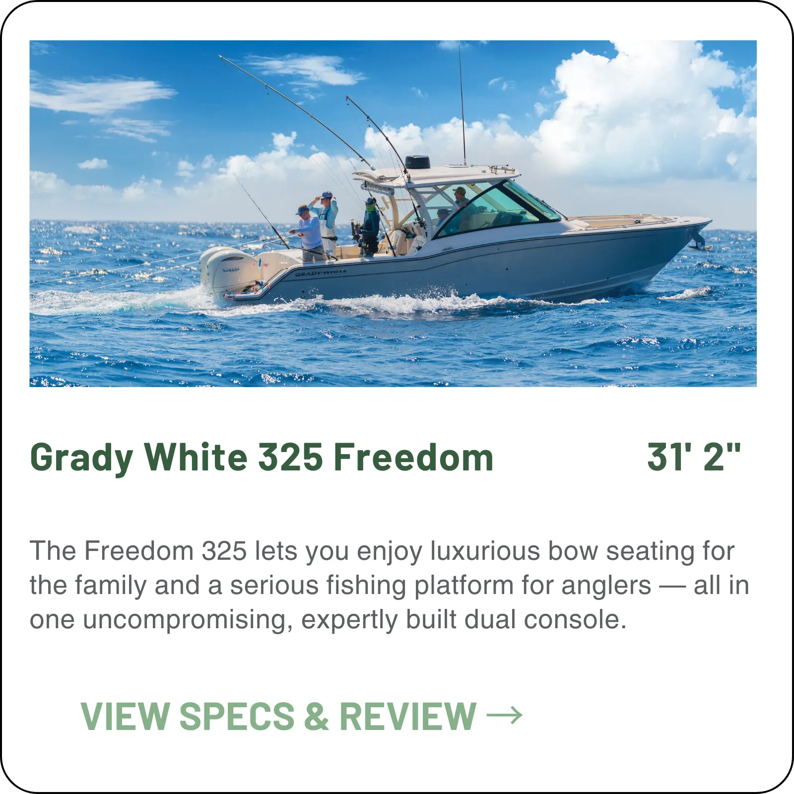 The dual console that still fishes — 31'2" on a 10'9" beam, 24 inches of draft, 288 gallons of fuel, and 53.9 mph on twin Yamaha 350s, with a berth in one console and a head in the other.