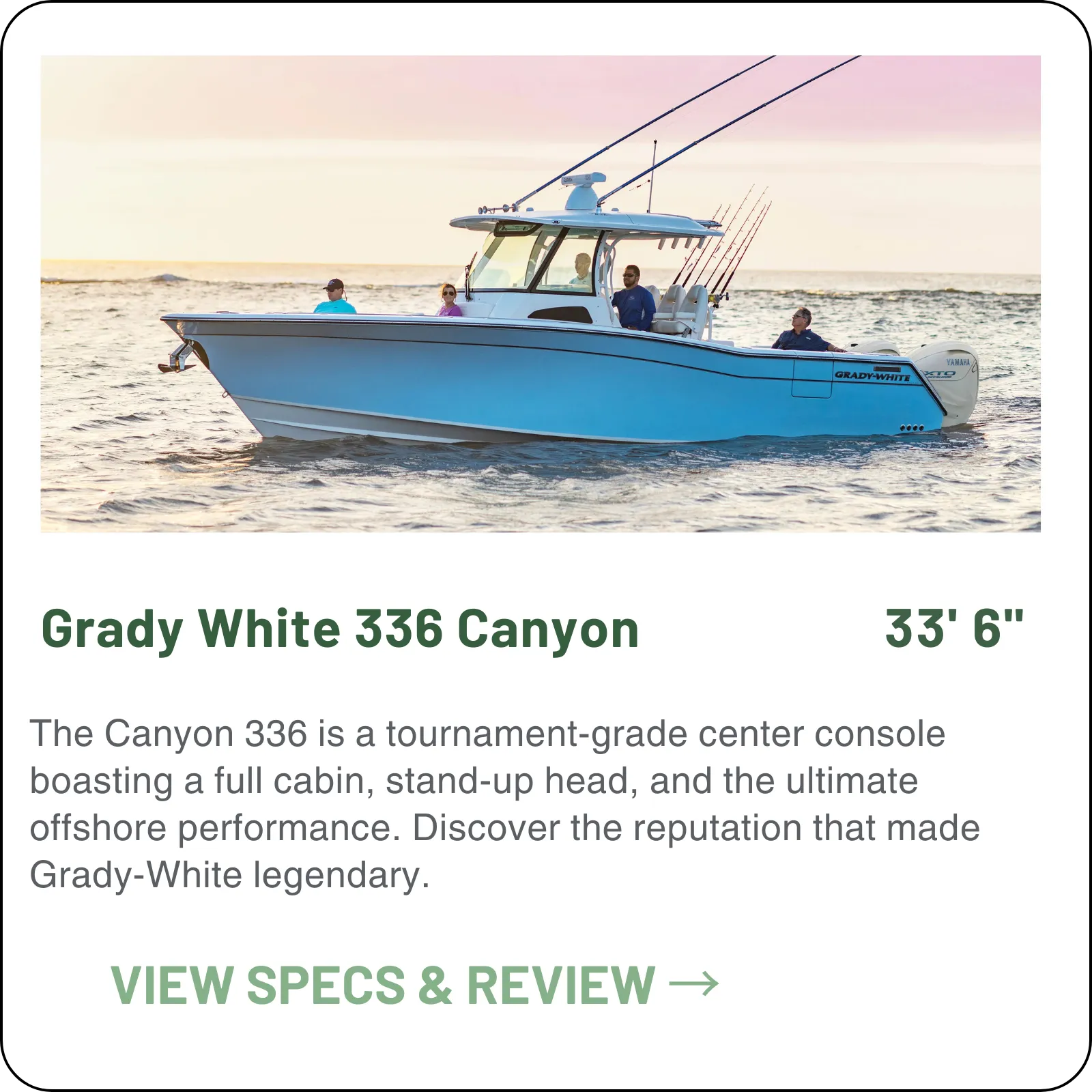 Grady-White's tournament boat without the tournament crew — 33'6" on an 11'7" beam, 361 gallons of fuel, a 1,050-horsepower ceiling, and 58.8 mph on triple Yamaha 350s.