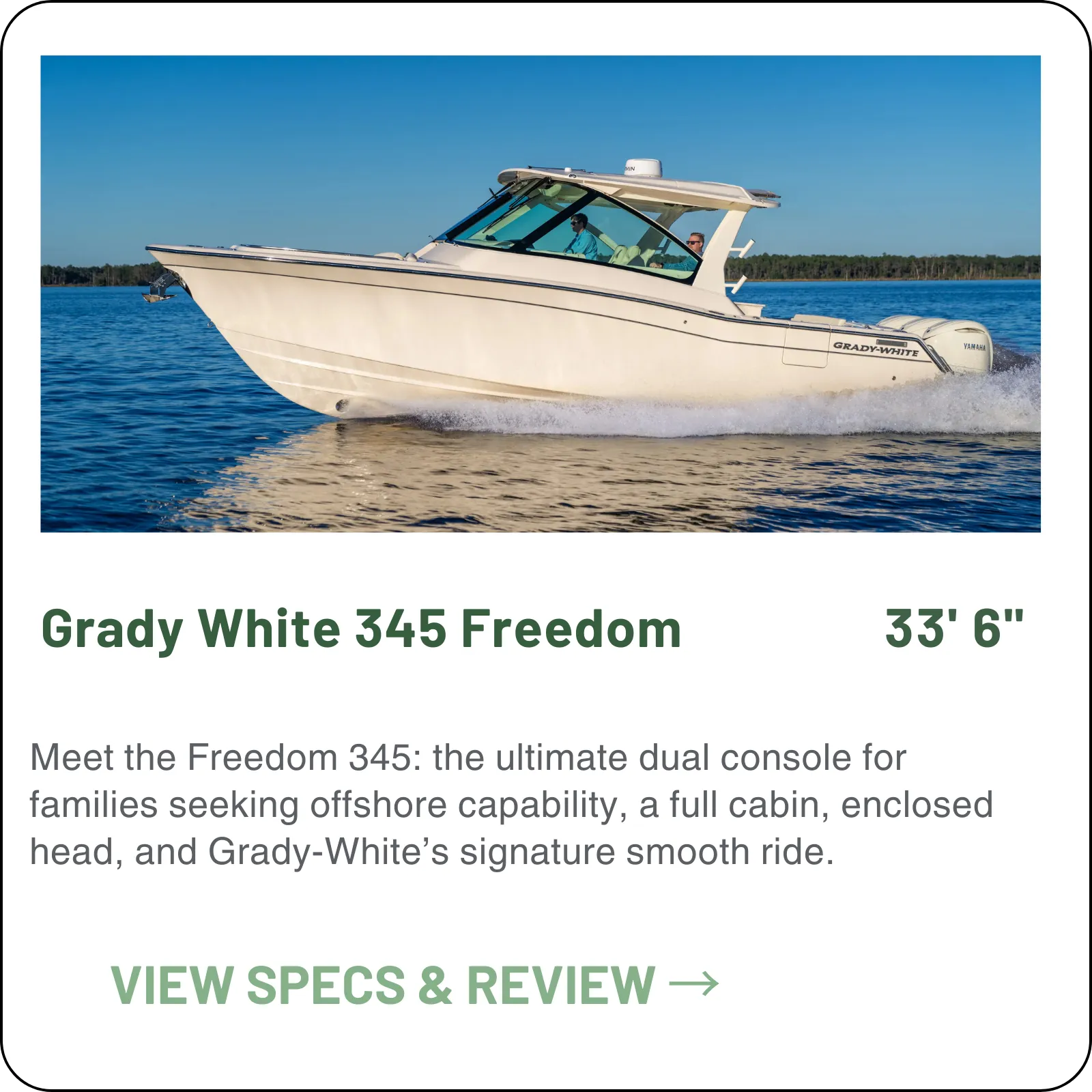 The biggest Freedom we review — 33'6" on an 11'7" beam, a port cabin with a sliding berth and an enclosed head, 300 gallons of fuel, and 56.2 mph on triple Yamaha 350s.
