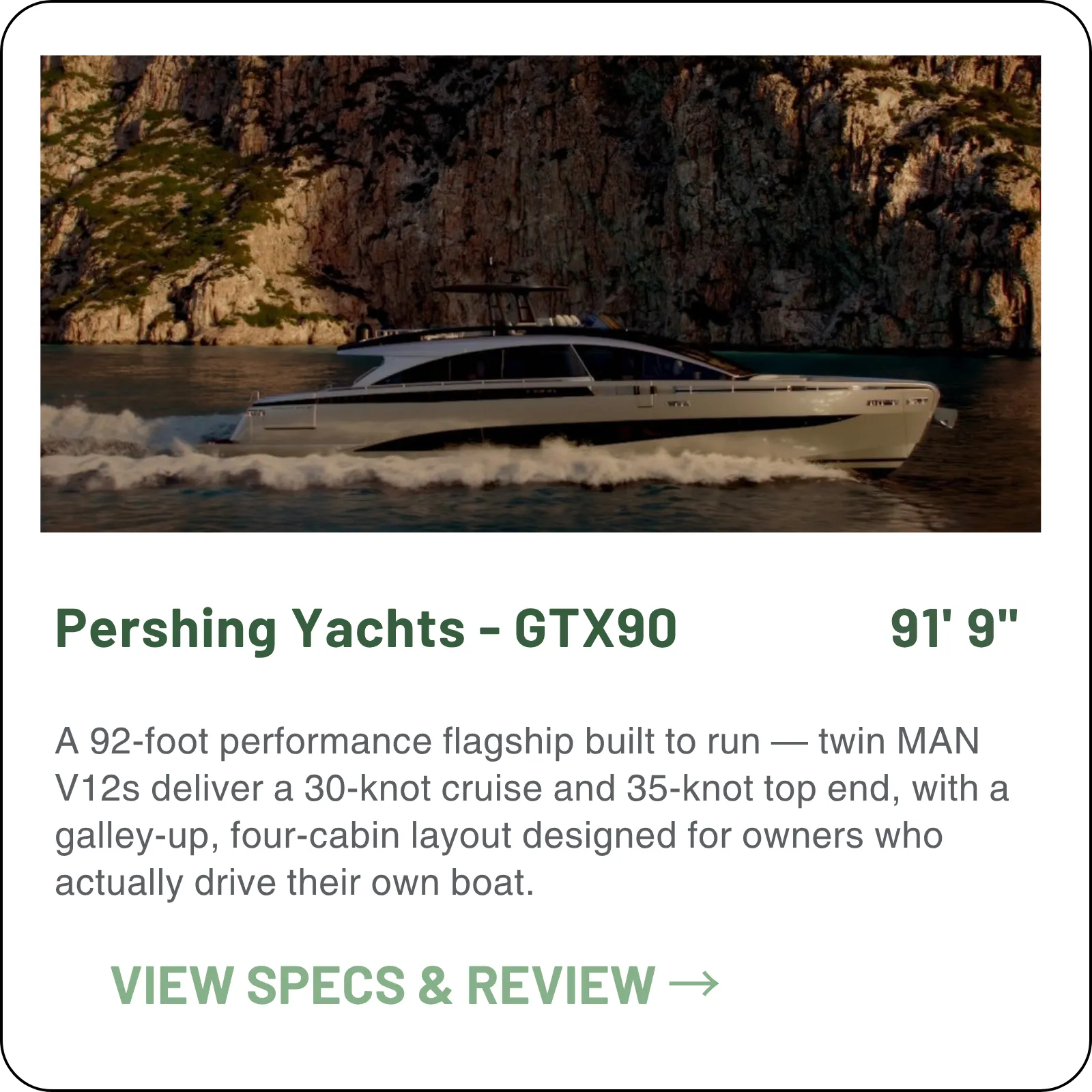The newest Sport Utility Yacht in the GTX range — 91'9" on twin MAN V12 2200s and Castoldi waterjets, a 30-knot cruise, four cabins, and a sportsbridge 43% larger than the class average.