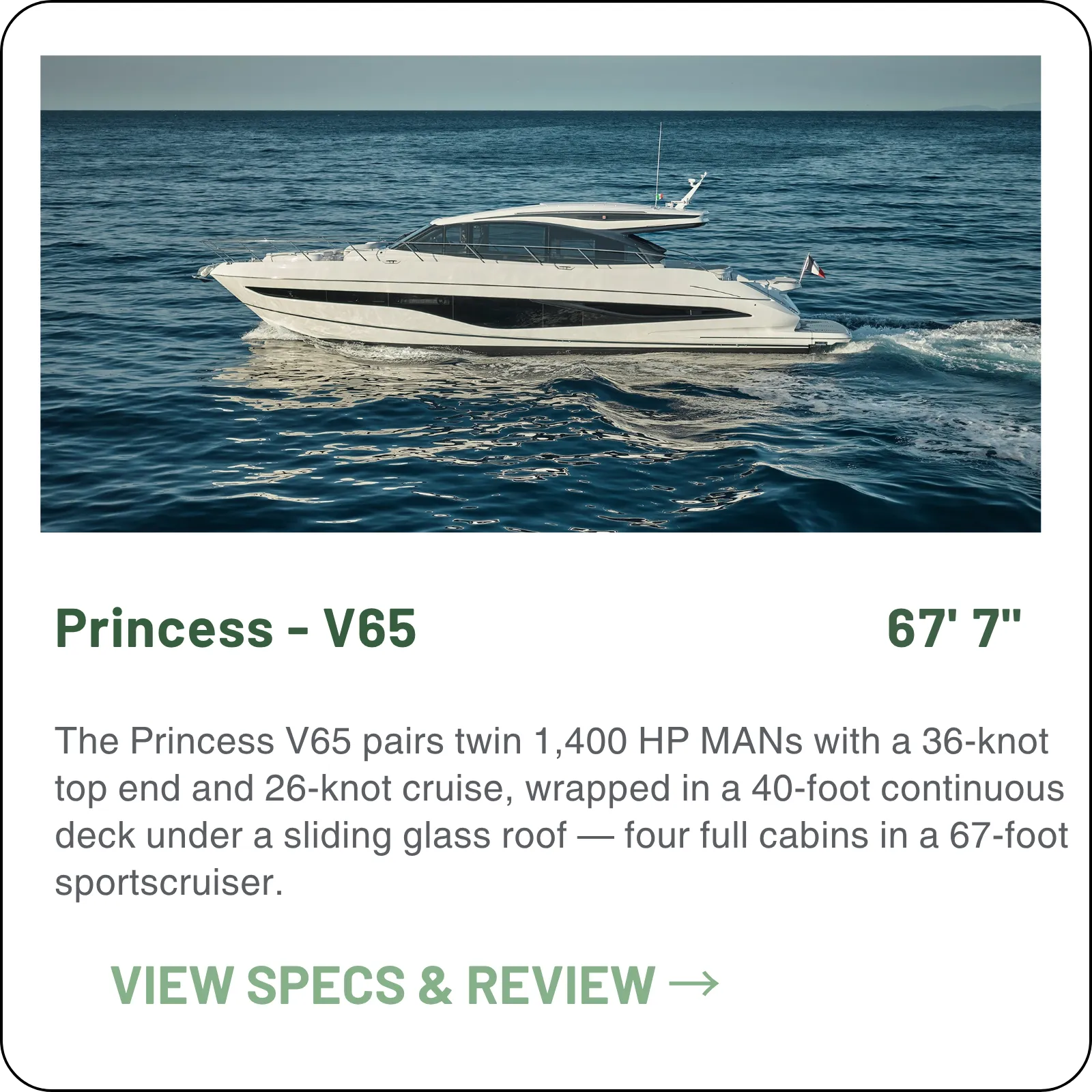 The Princess V65 pairs twin 1,400 HP MANs with a 36-knot top end, wrapped in a 40-foot continuous deck under a sliding glass roof — four full cabins in a 67-foot sportscruiser.