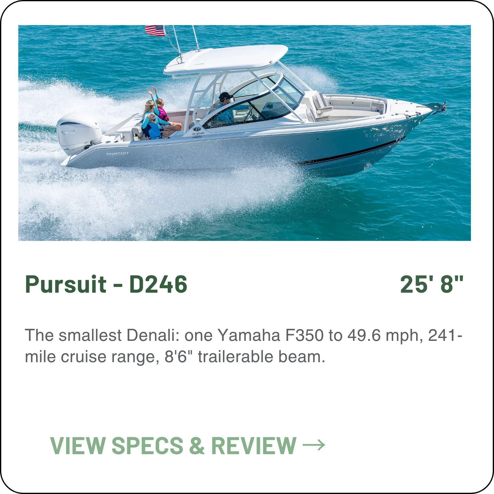 The smallest Denali: one Yamaha F350 to 49.6 mph, 241-mile cruise range, 8'6" trailerable beam.