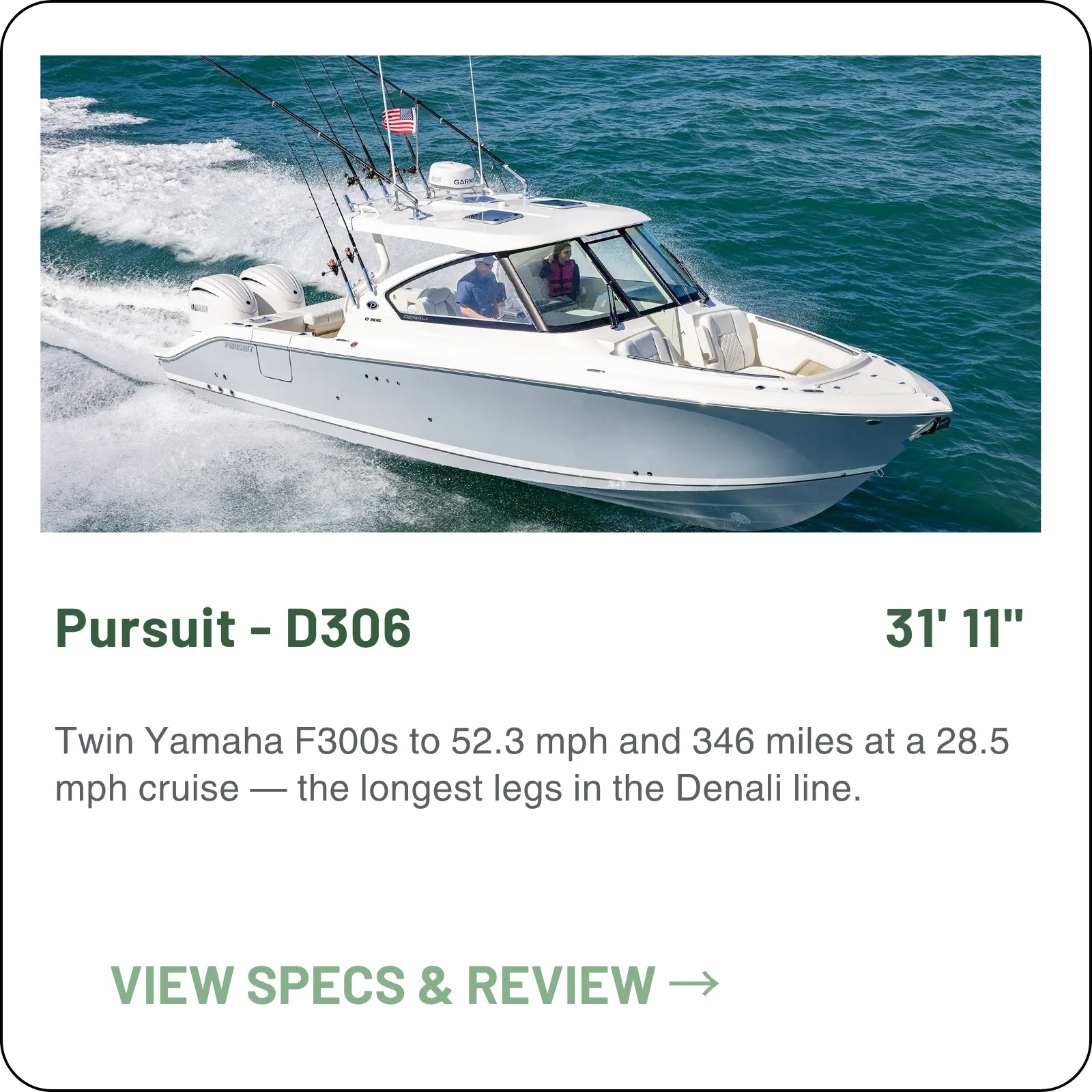 Twin Yamaha F300s to 52.3 mph and 346 miles at a 28.5 mph cruise — the longest legs in the Denali line.