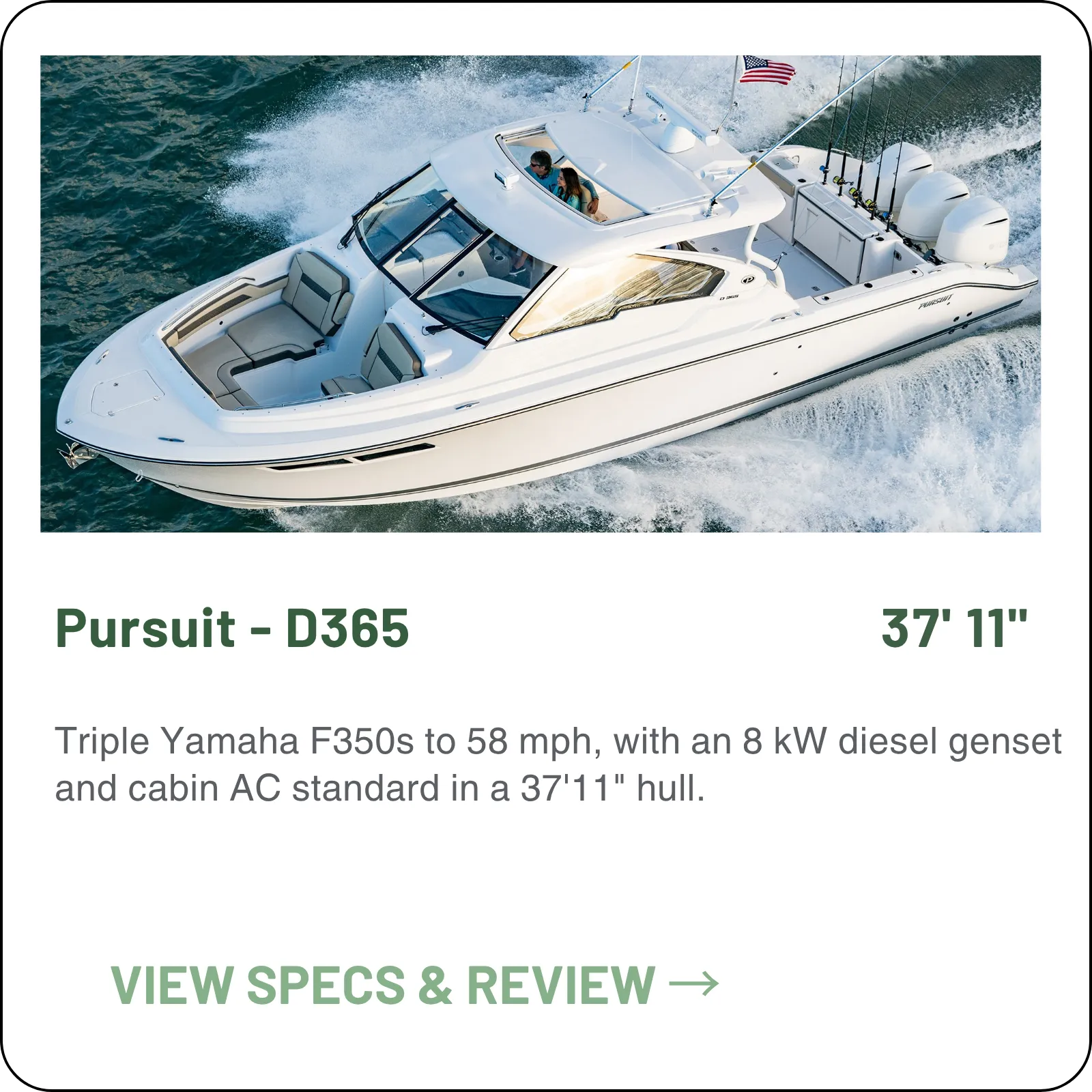 Triple Yamaha F350s to 58 mph, with an 8 kW diesel genset and cabin AC standard in a 37'11" hull.