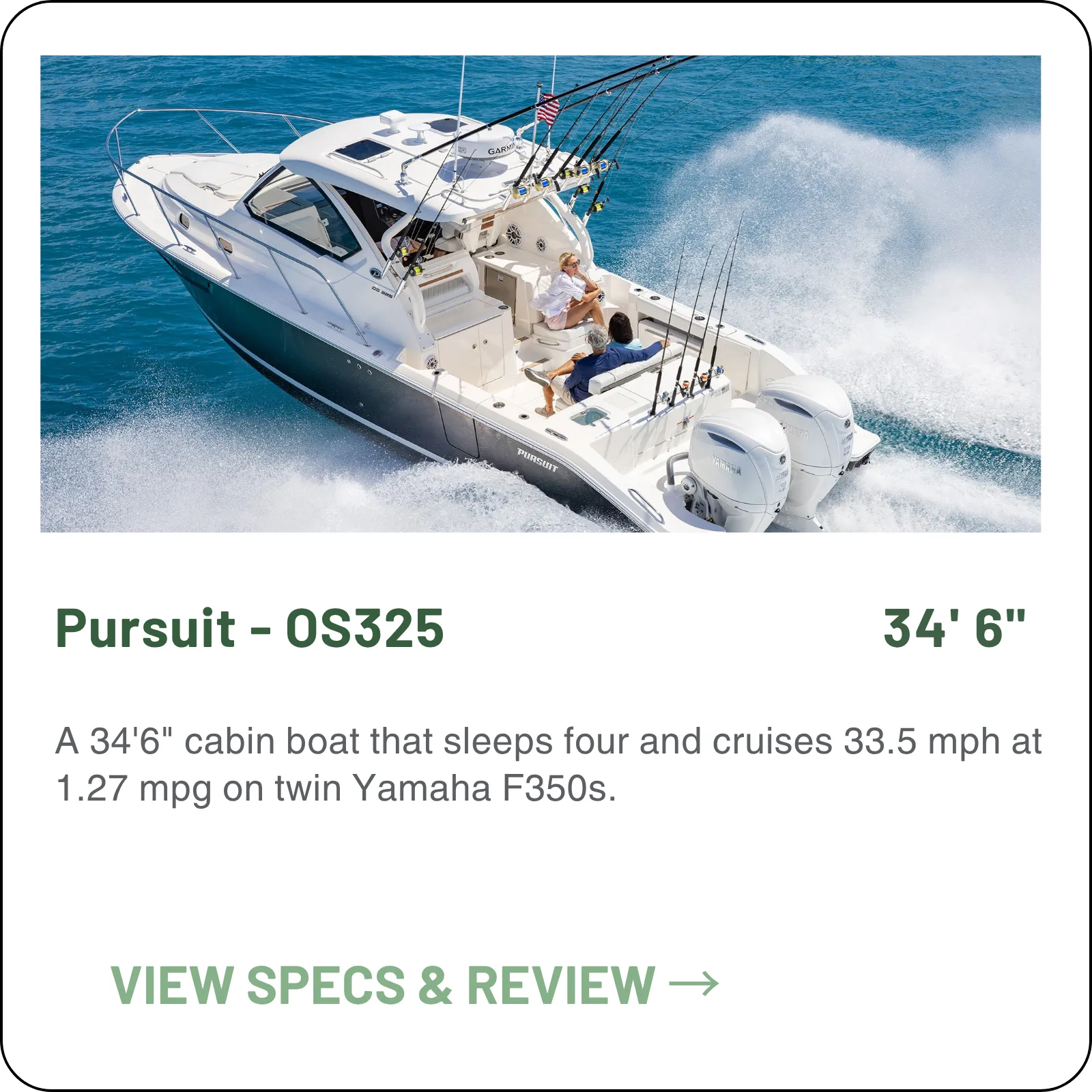 A 34'6" cabin boat that sleeps four and cruises 33.5 mph at 1.27 mpg on twin Yamaha F350s.