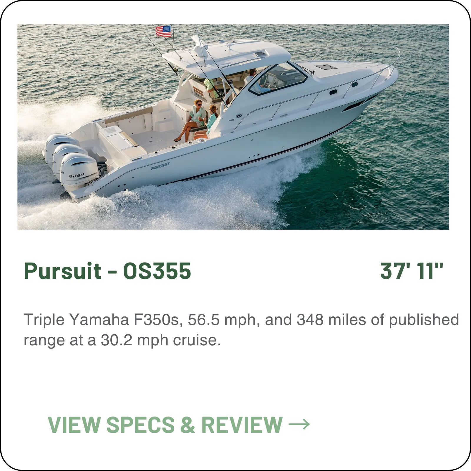 Triple Yamaha F350s, 56.5 mph, and 348 miles of published range at a 30.2 mph cruise.