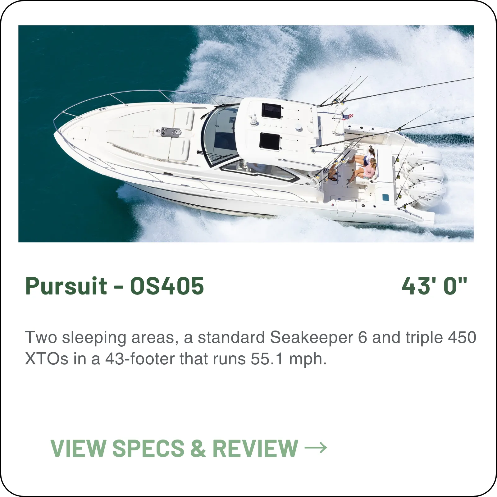 Two sleeping areas, a standard Seakeeper 6 and triple 450 XTOs in a 43-footer that runs 55.1 mph.
