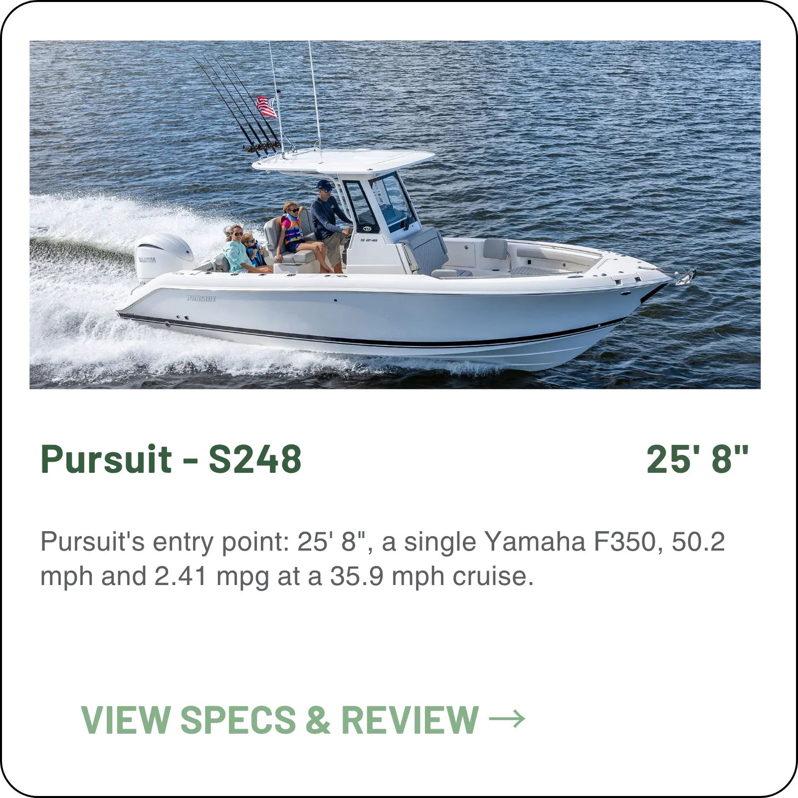 Pursuit's entry point: 25' 8", a single Yamaha F350, 50.2 mph and 2.41 mpg at a 35.9 mph cruise.