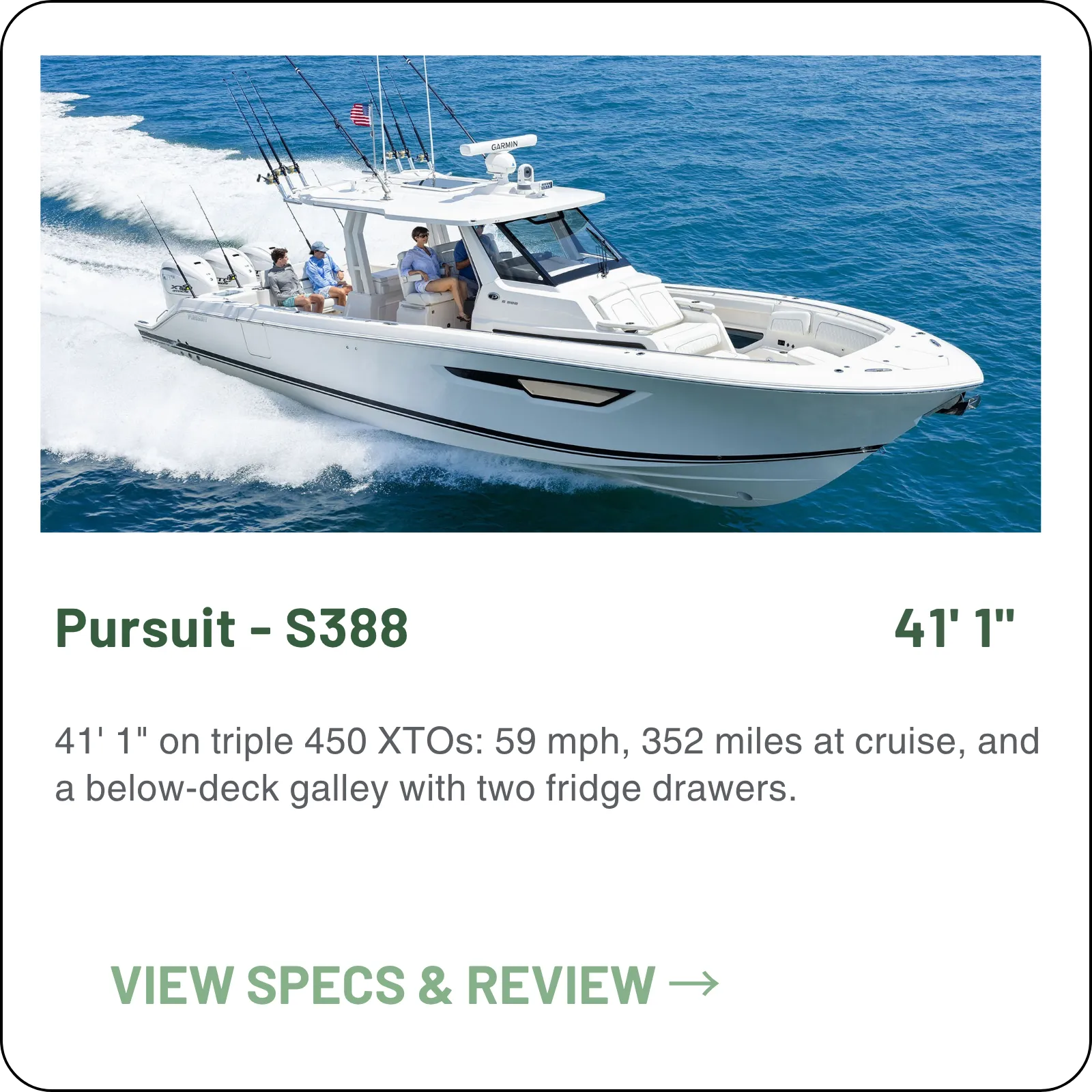 41' 1" on triple 450 XTOs: 59 mph, 352 miles at cruise, and a below-deck galley with two fridge drawers.