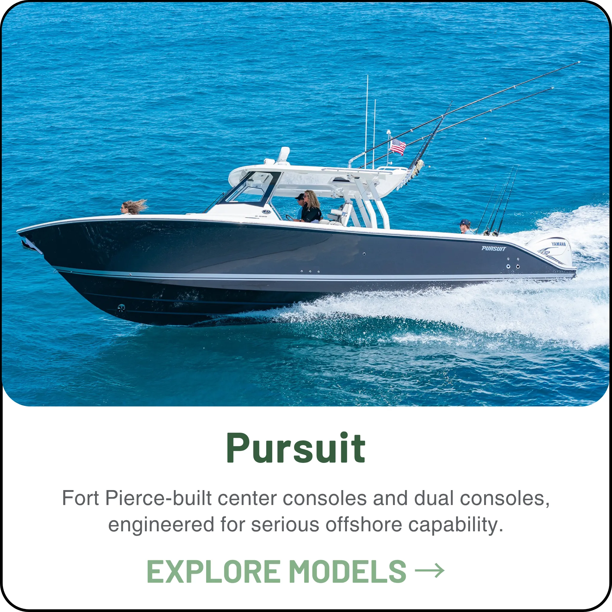 Pursuit Boats — Fort Pierce-built center consoles and Denali dual consoles, with published performance data behind every number.