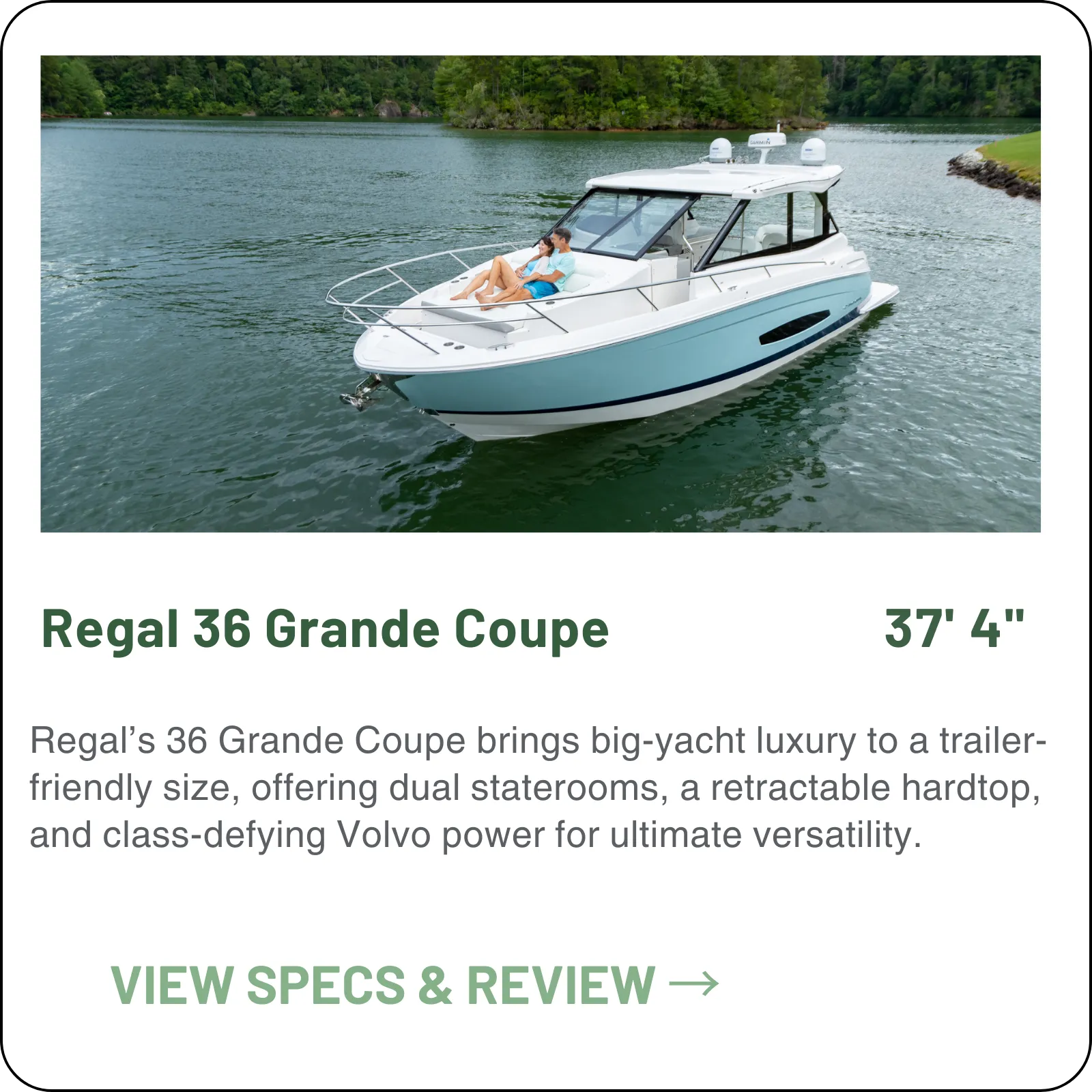 The Regal 36 Grande Coupe is a 37-foot express cruiser with two real staterooms and a walk-in shower — twin Volvo V8-430s to 52 mph, a slide-away UltraLounge, and a 27-inch draft with the drives up.