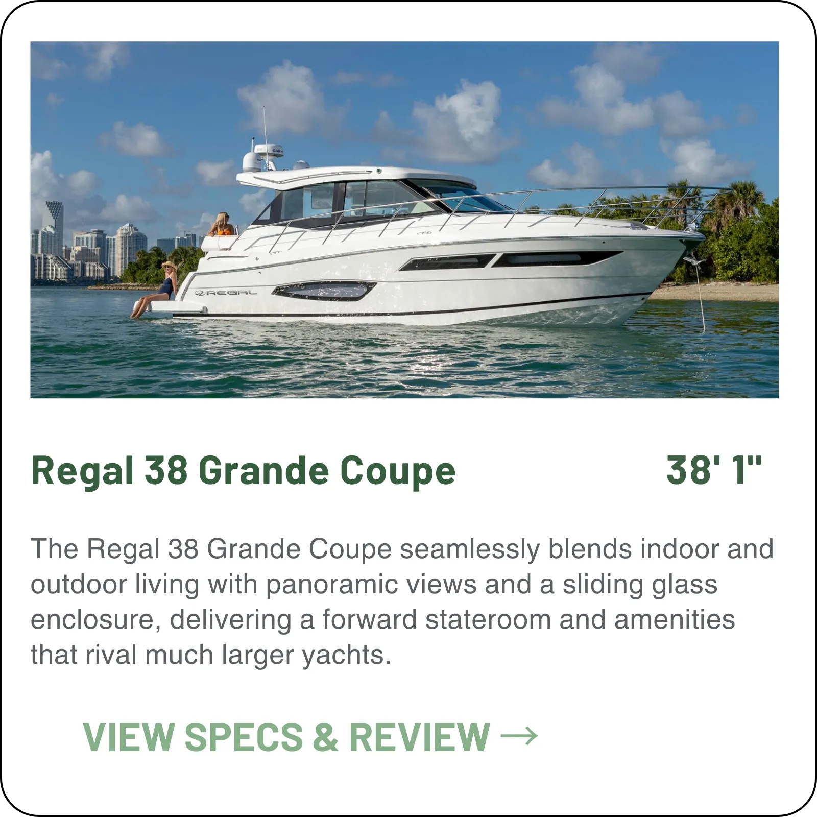 The Regal 38 Grande Coupe drops its aft window and slides its salon doors into one 20-foot entertaining space — twin Volvo V8-430s to 48 mph, a split head with a walk-in shower, and a D4-300 diesel option that stretches range past 340 miles.