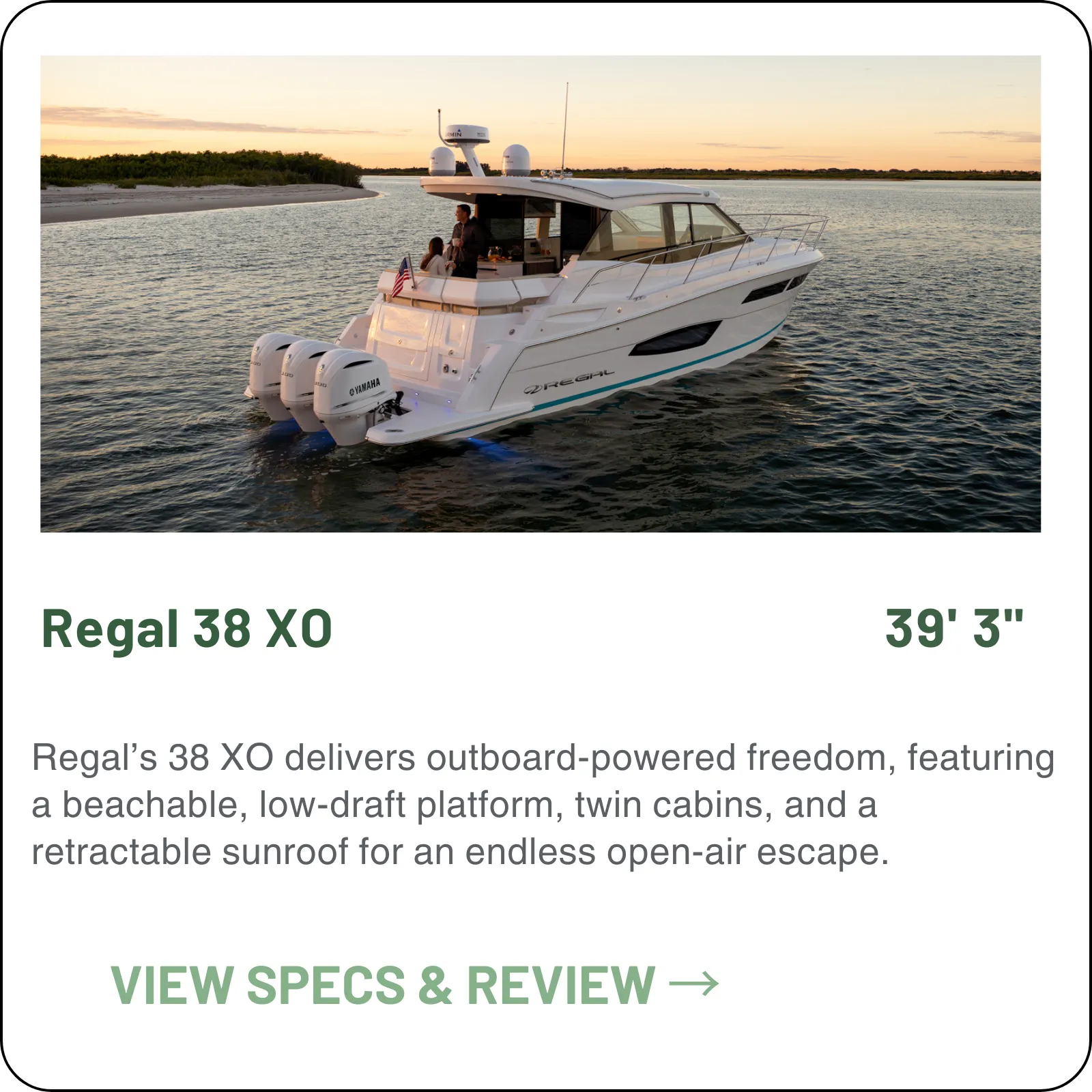 The Regal 38 XO puts two real staterooms and a walk-in shower on an outboard platform — triple Yamaha F350s to 53.4 mph, a single-level cockpit-to-salon sole, and a 26-inch draft with the drives up.