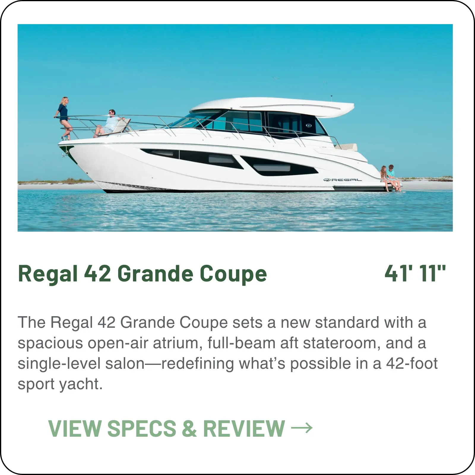 The Regal 42 Grande Coupe is the sport-yacht end of the Grande Coupe line — twin Volvo Penta IPS 500 pods with joystick docking, a 20-foot open salon, and the largest aft stateroom in the range.