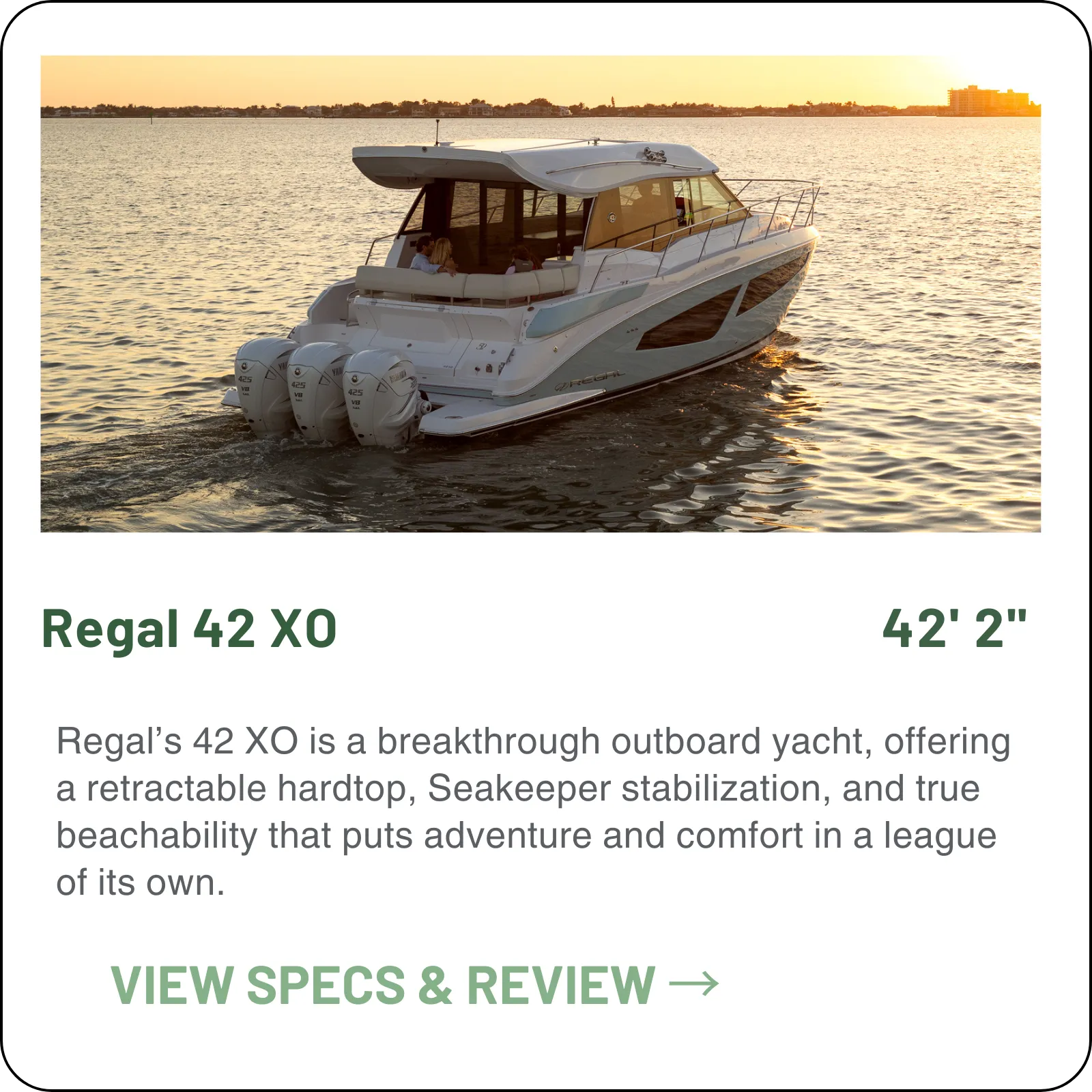 The Regal 42 XO is the outboard answer to the 42 Grande Coupe — a 25-inch draft with the drives up, a full-beam lazarette where the engines would otherwise sit, and a retractable hardtop over the upper salon.
