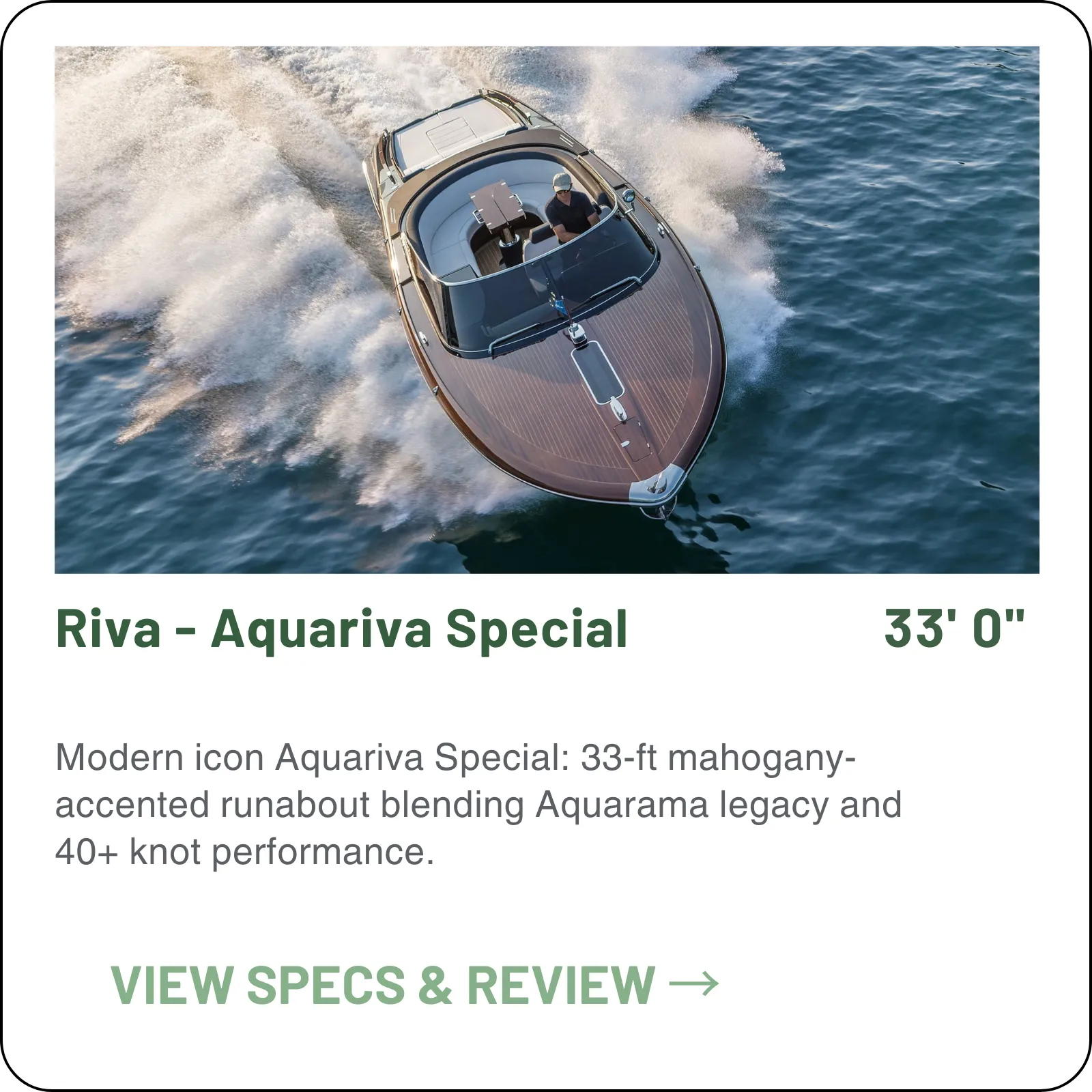 The Aquariva Special is the first 'Special' Riva since the Aquarama — a 33-foot open runabout with twin Yanmar 8LV-370s, 40.5 knots flat out and a 36-knot cruise.