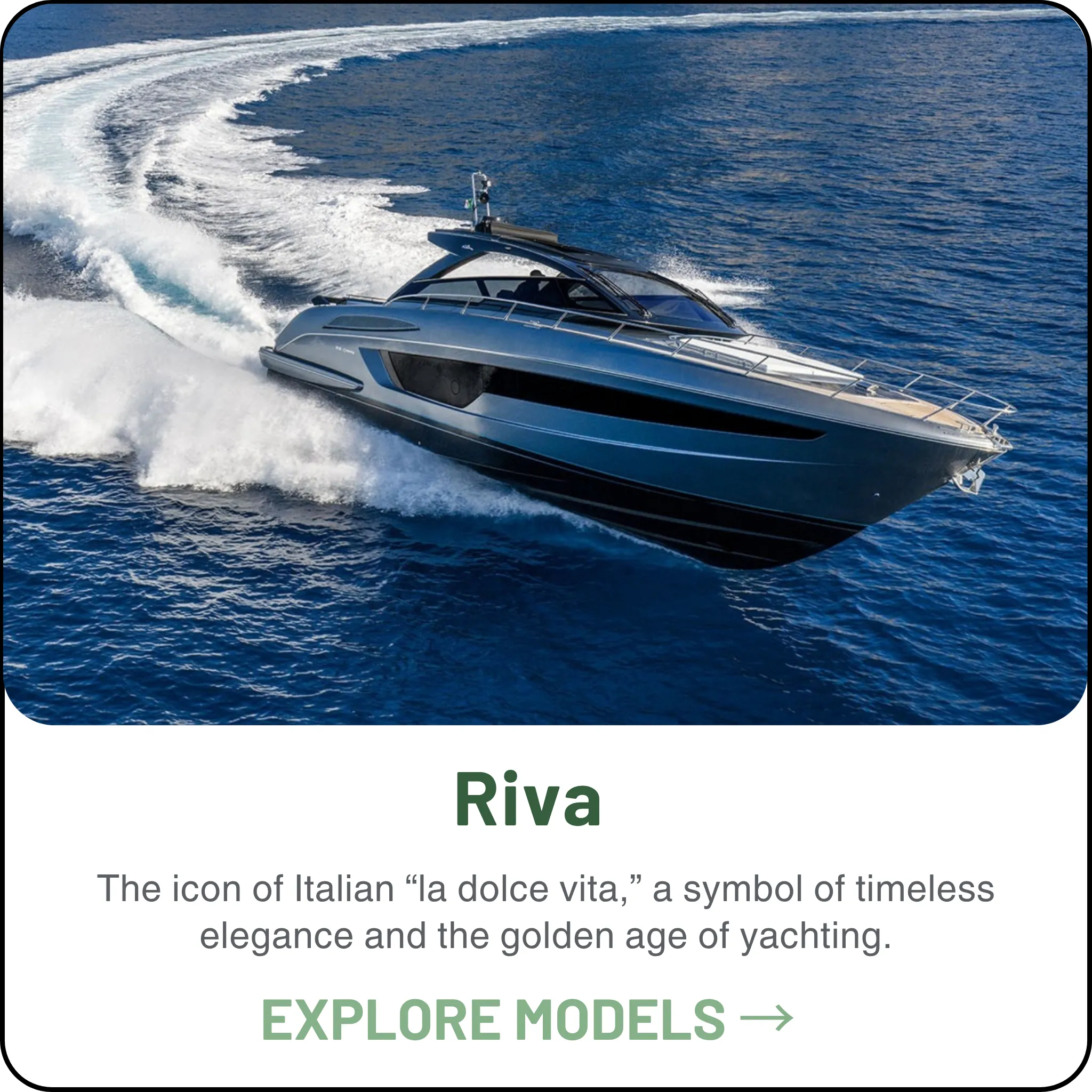 Riva — Building at Sarnico since 1842 — sixteen models across the Open, Sportfly and Flybridge ranges, each with speeds and range published per engine option.