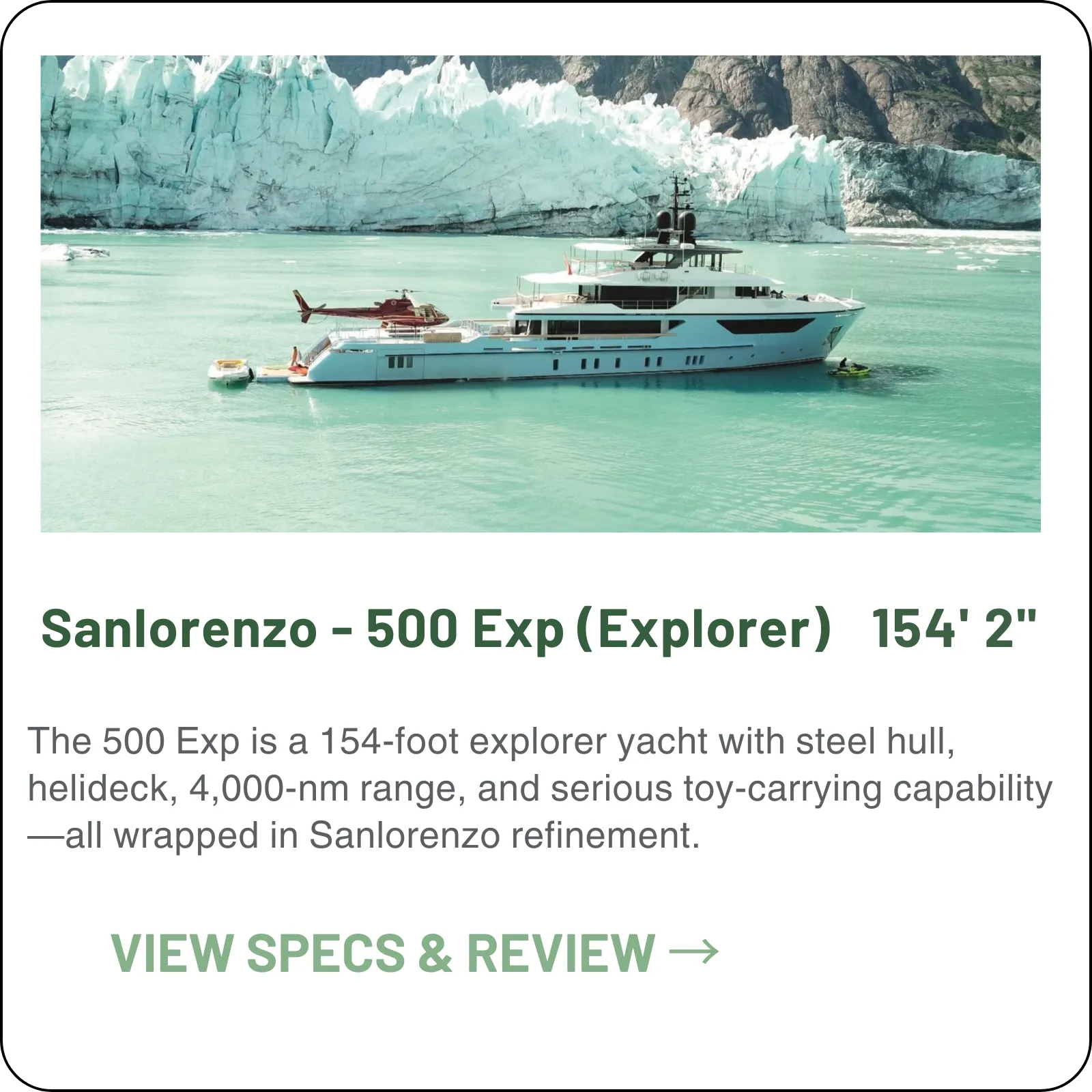 A purpose-made explorer platform: 154'2", under 500 GT, twin CAT C32 ACERTs, and 65,000 litres of fuel — the largest tankage-to-length ratio in the fleet.