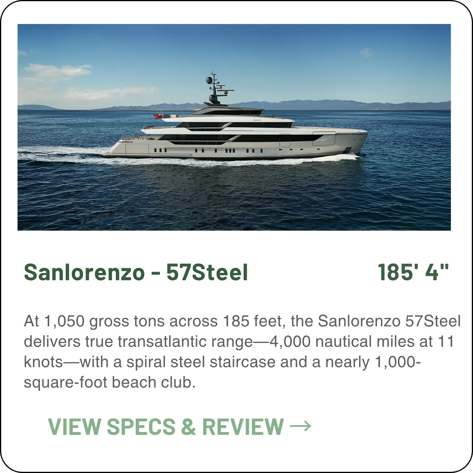 191'1" and 1,165 gross tons, carrying the first diesel-electric system in Sanlorenzo's steel line — twin E-Pods at 850 kW, and up to eight hours of hotel mode at anchor.
