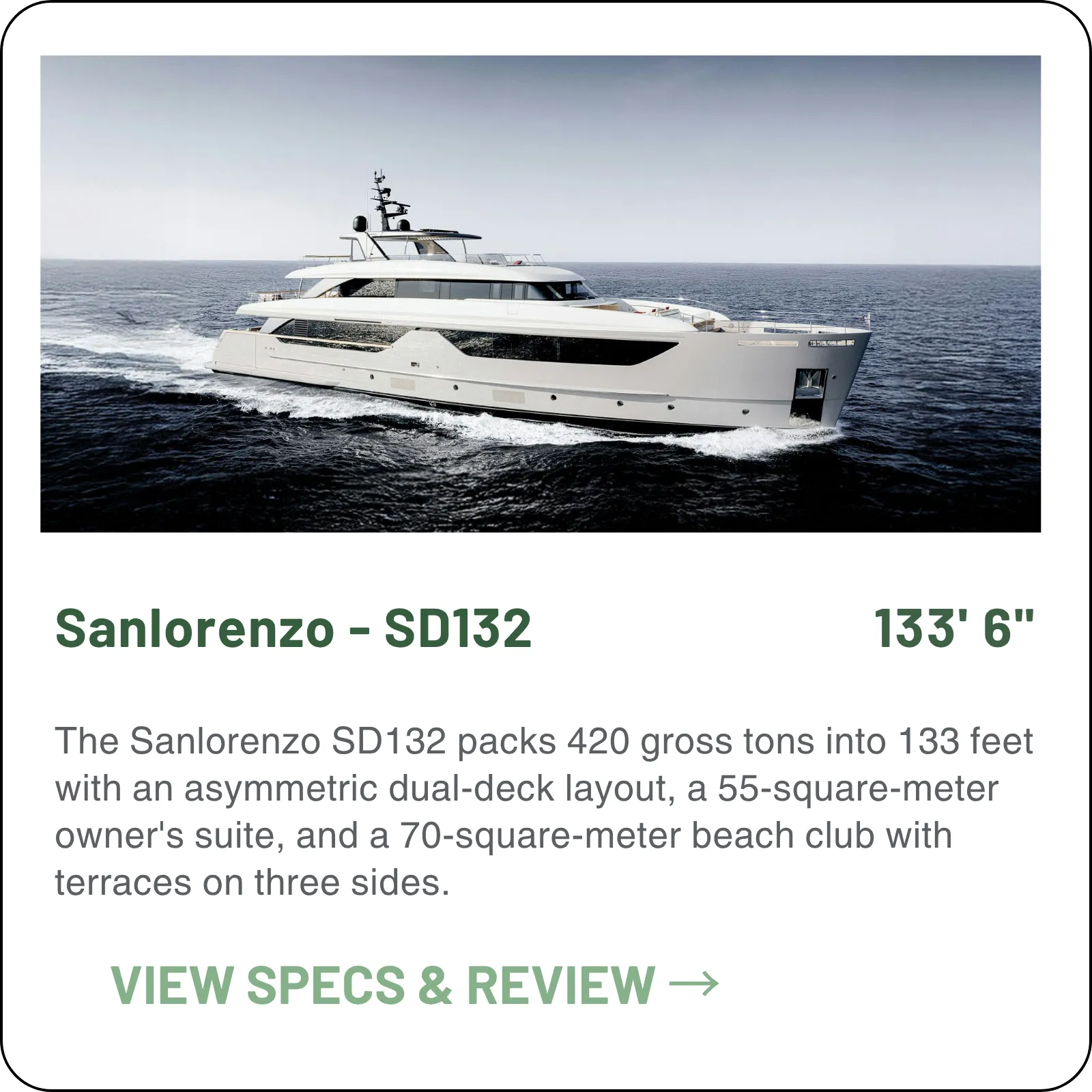 420 gross tons in 133'6", with Sanlorenzo's asymmetry concept carried across two decks and a 70 square metre reconfigurable beach area with opening terraces.