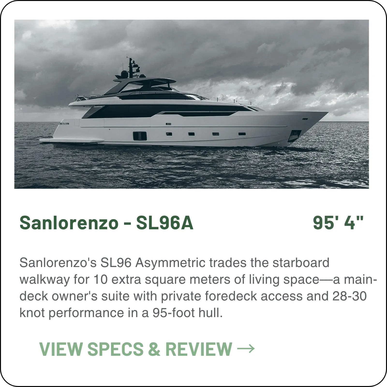 Asymmetry hidden behind conventional lines — concealed gangways and opening terraces on a 95'2" hull, with twin MTU 16V2000 M86s for a published 28 knots.